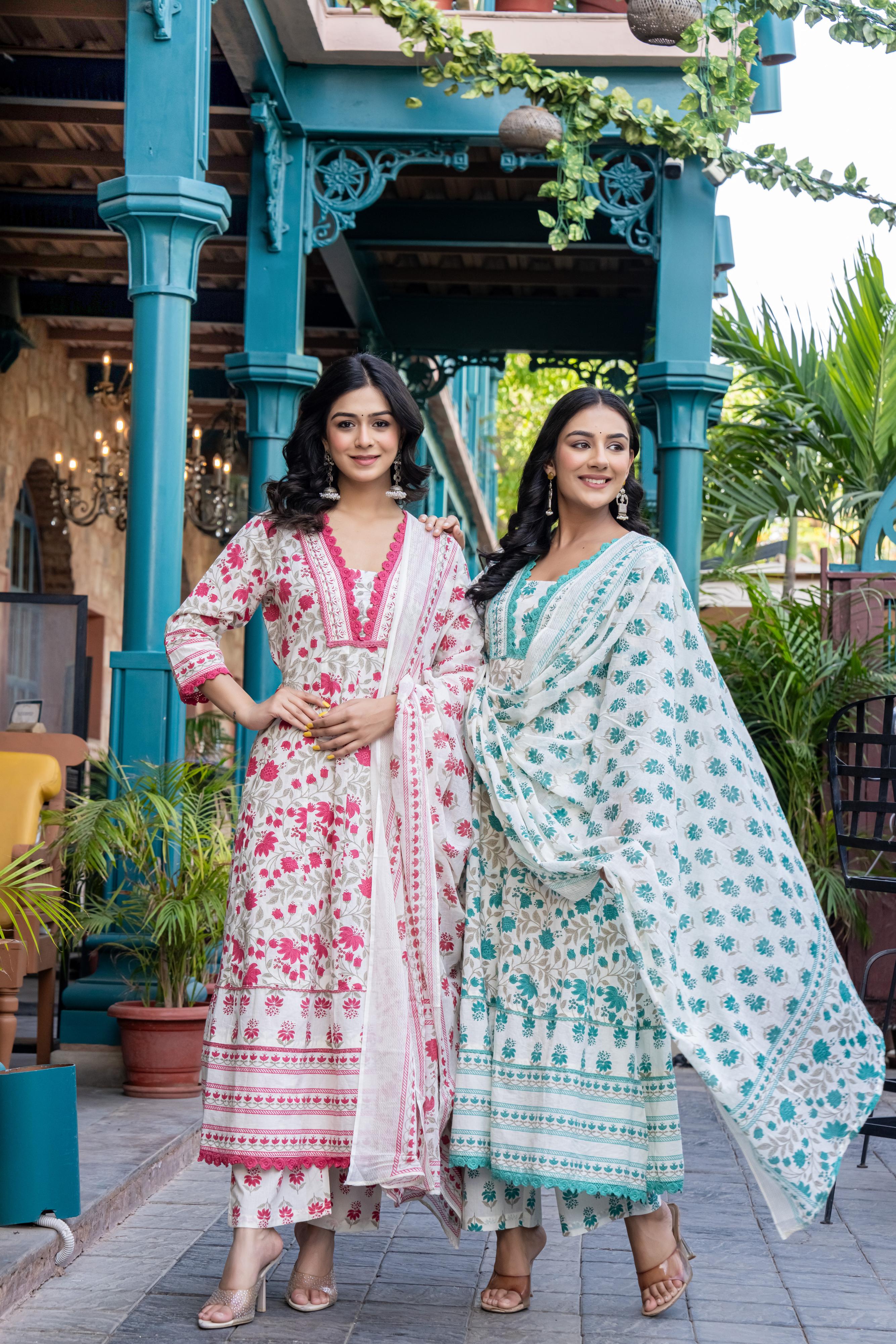 Ziyaana Pink:- Women's Cotton Anarkali Kurta Set with Dupatta | Heavy Embroidered Neck & Sleeves