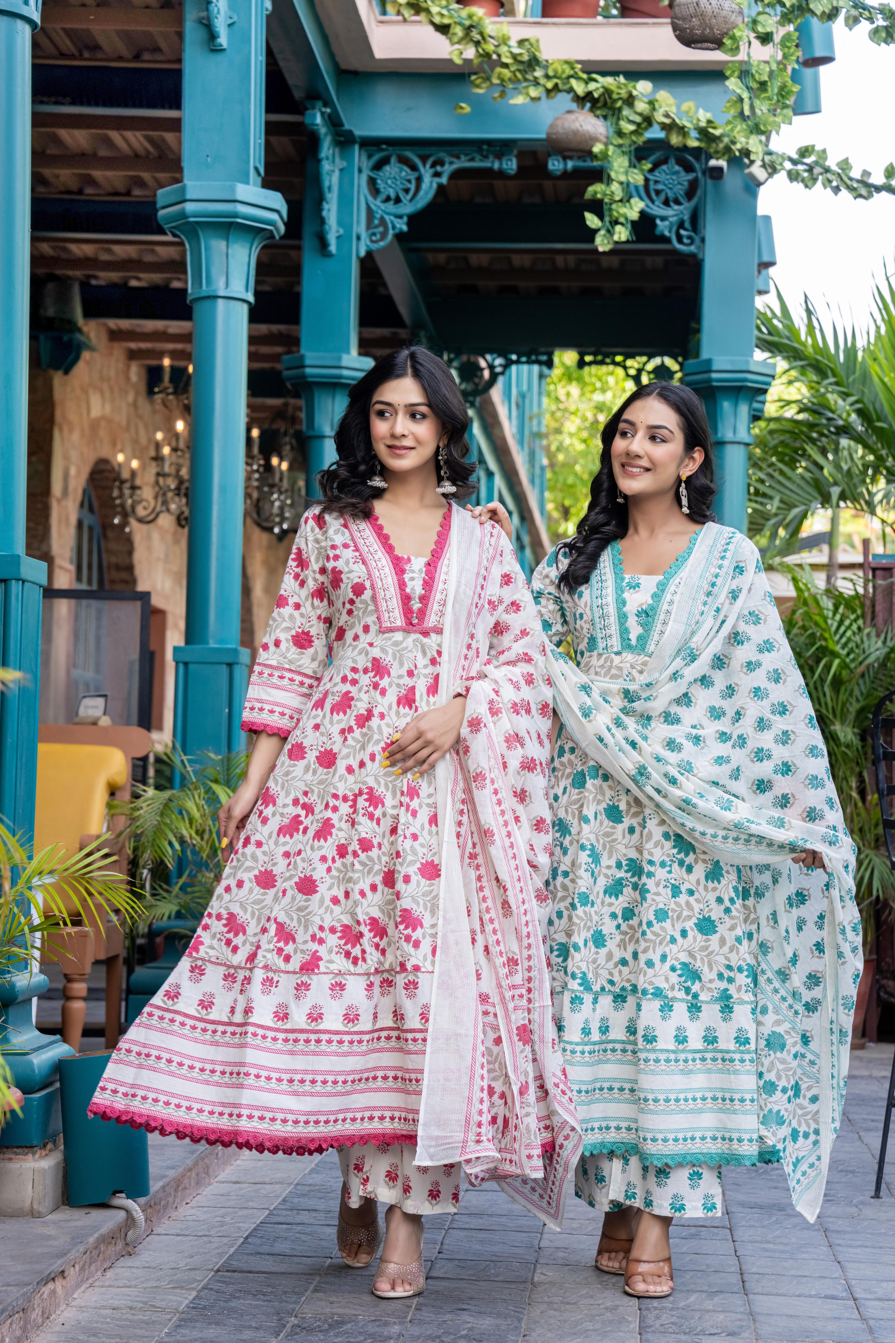 Ziyaana Pink:- Women's Cotton Anarkali Kurta Set with Dupatta | Heavy Embroidered Neck & Sleeves