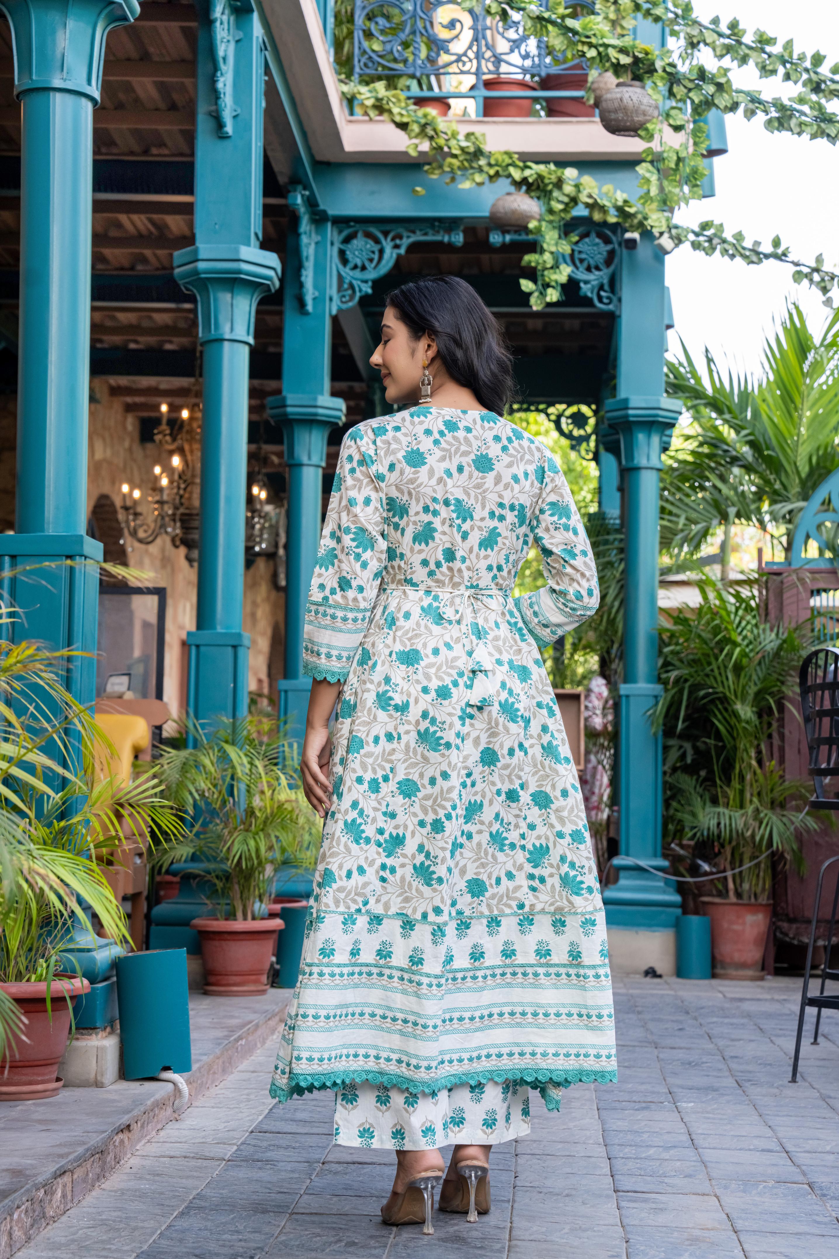 Ziyaana Green:- Women's Cotton Anarkali Kurta Set with Dupatta | Heavy Embroidered Neck & Sleeves