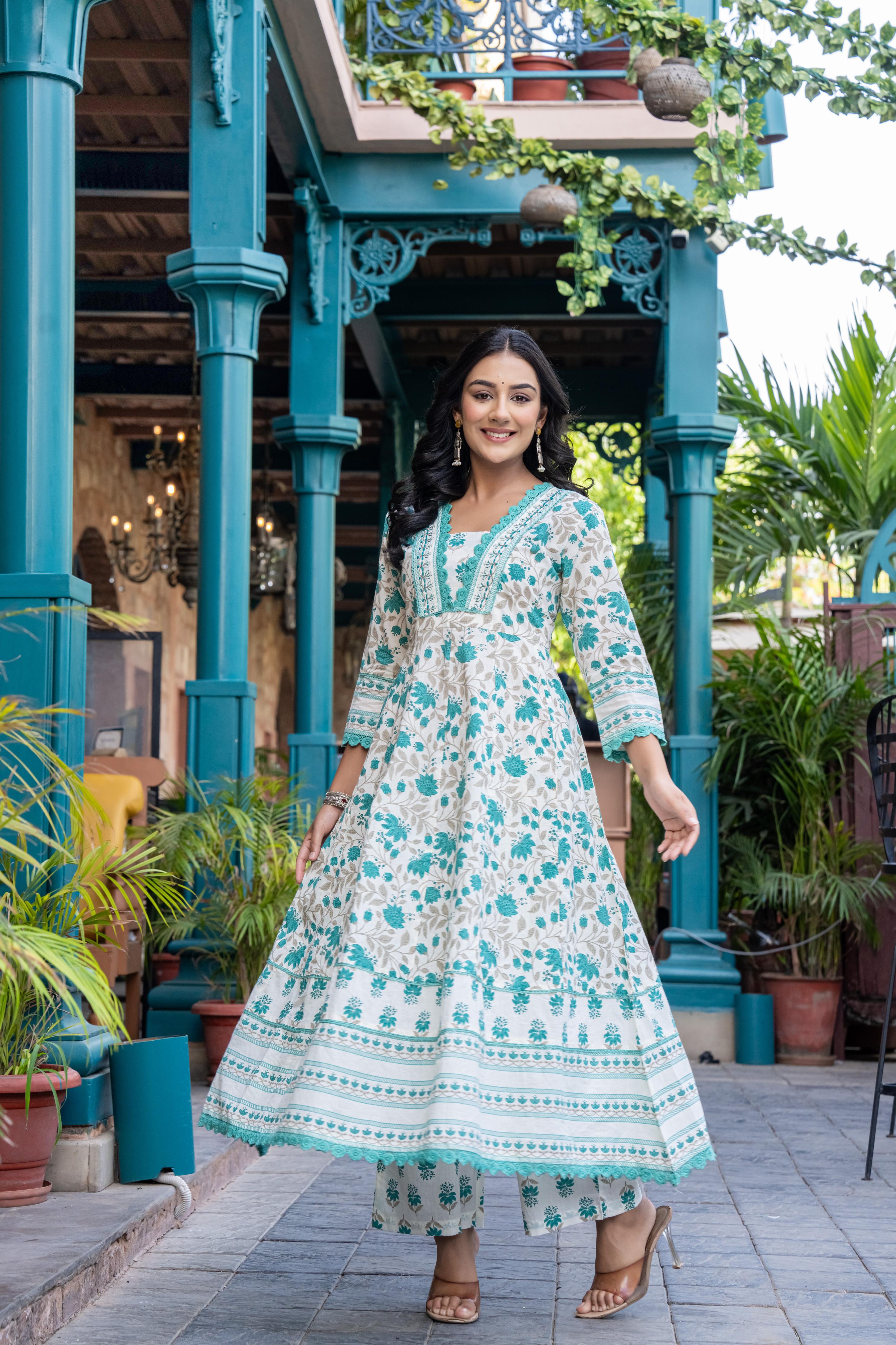 Ziyaana Green:- Women's Cotton Anarkali Kurta Set with Dupatta | Heavy Embroidered Neck & Sleeves