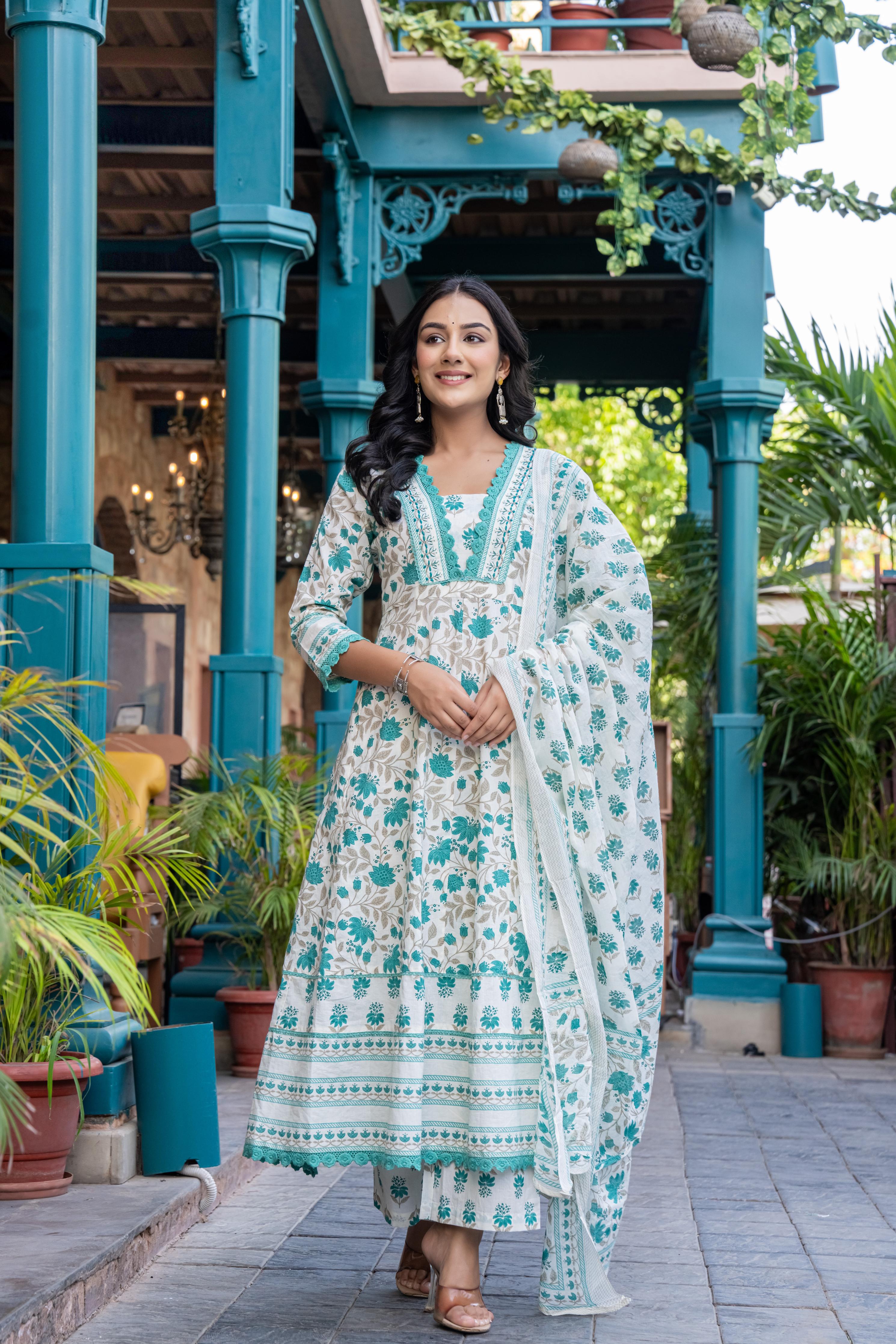 Ziyaana Green:- Women's Cotton Anarkali Kurta Set with Dupatta | Heavy Embroidered Neck & Sleeves