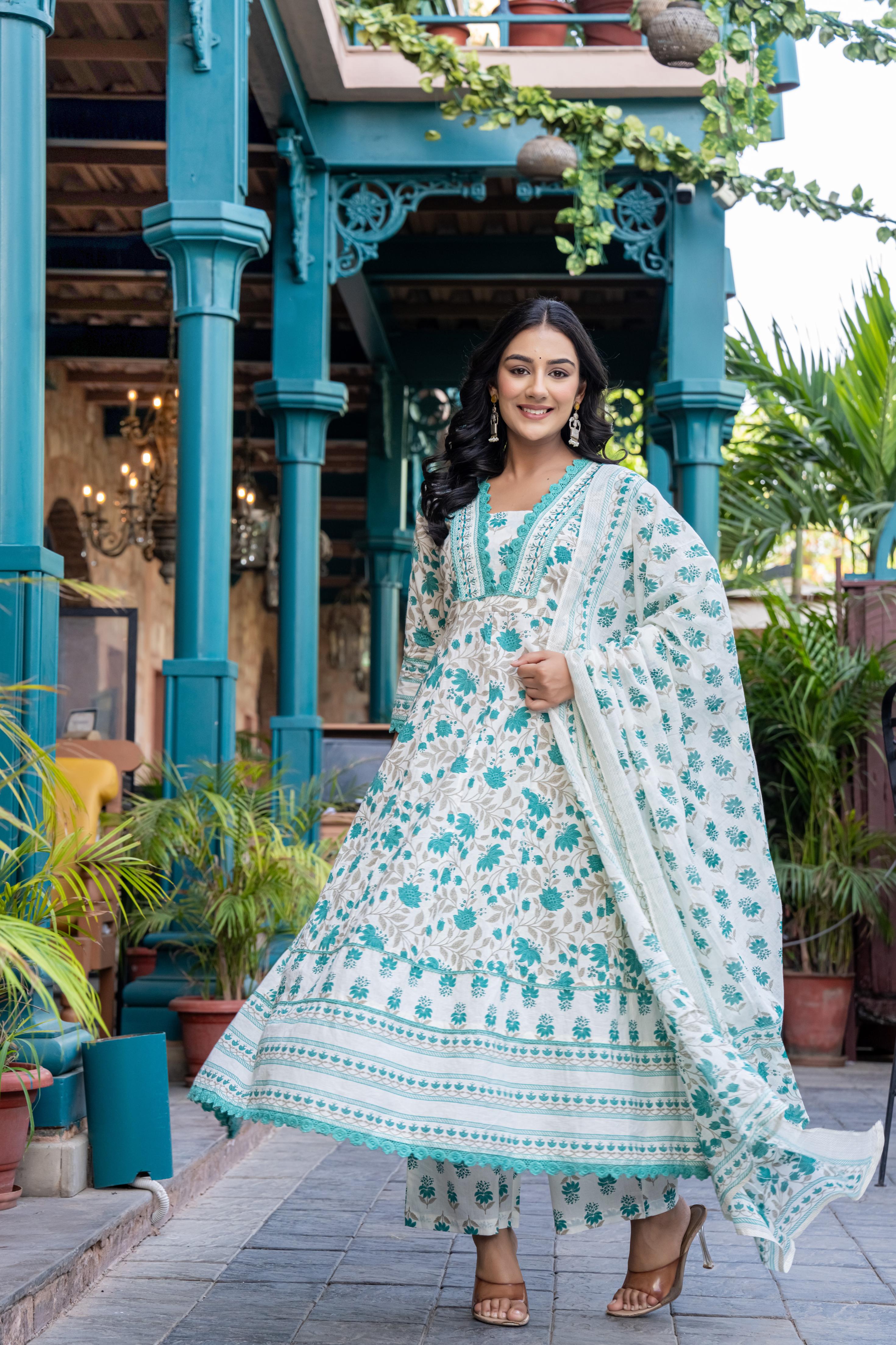 Ziyaana Green:- Women's Cotton Anarkali Kurta Set with Dupatta | Heavy Embroidered Neck & Sleeves