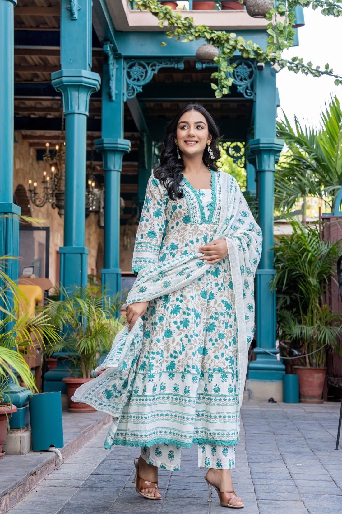 Ziyaana Green:- Women's Cotton Anarkali Kurta Set with Dupatta | Heavy Embroidered Neck & Sleeves