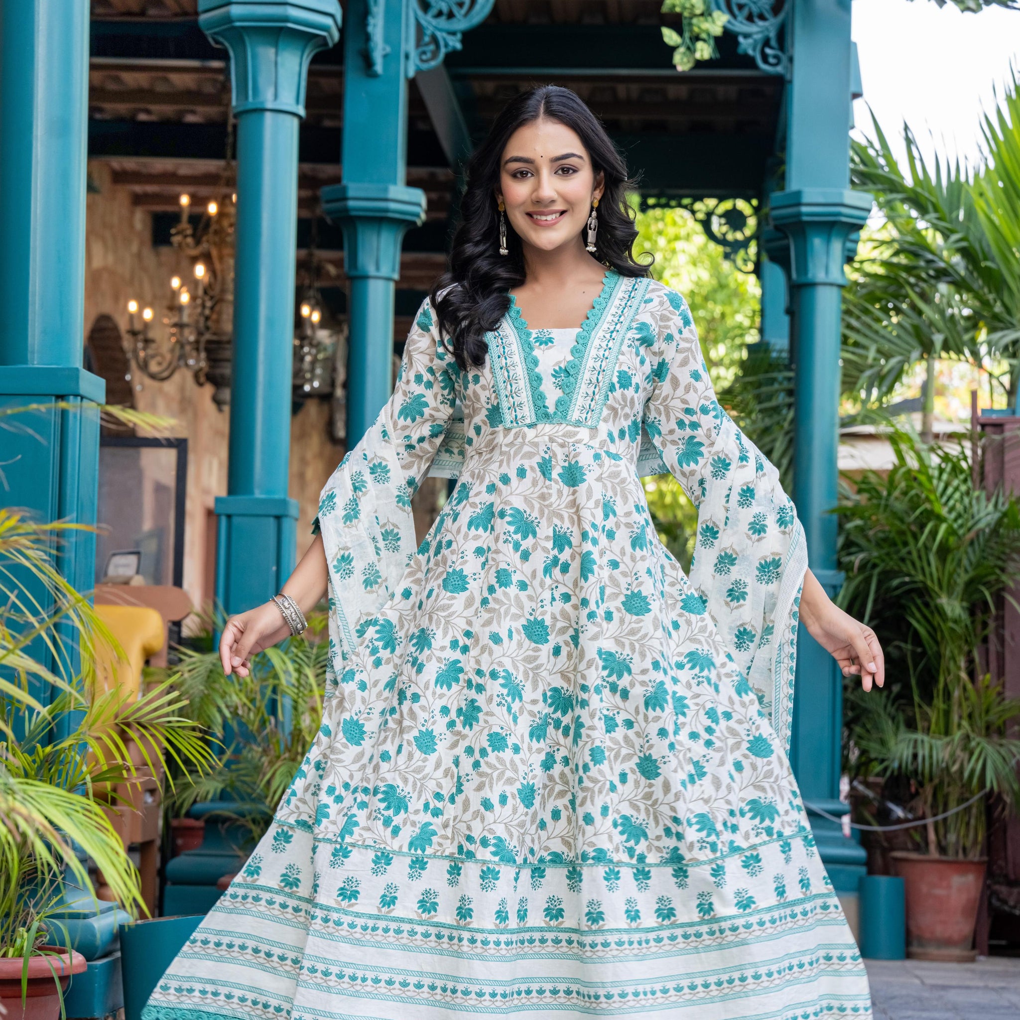 Ziyaana Green:- Women's Cotton Anarkali Kurta Set with Dupatta | Heavy Embroidered Neck & Sleeves