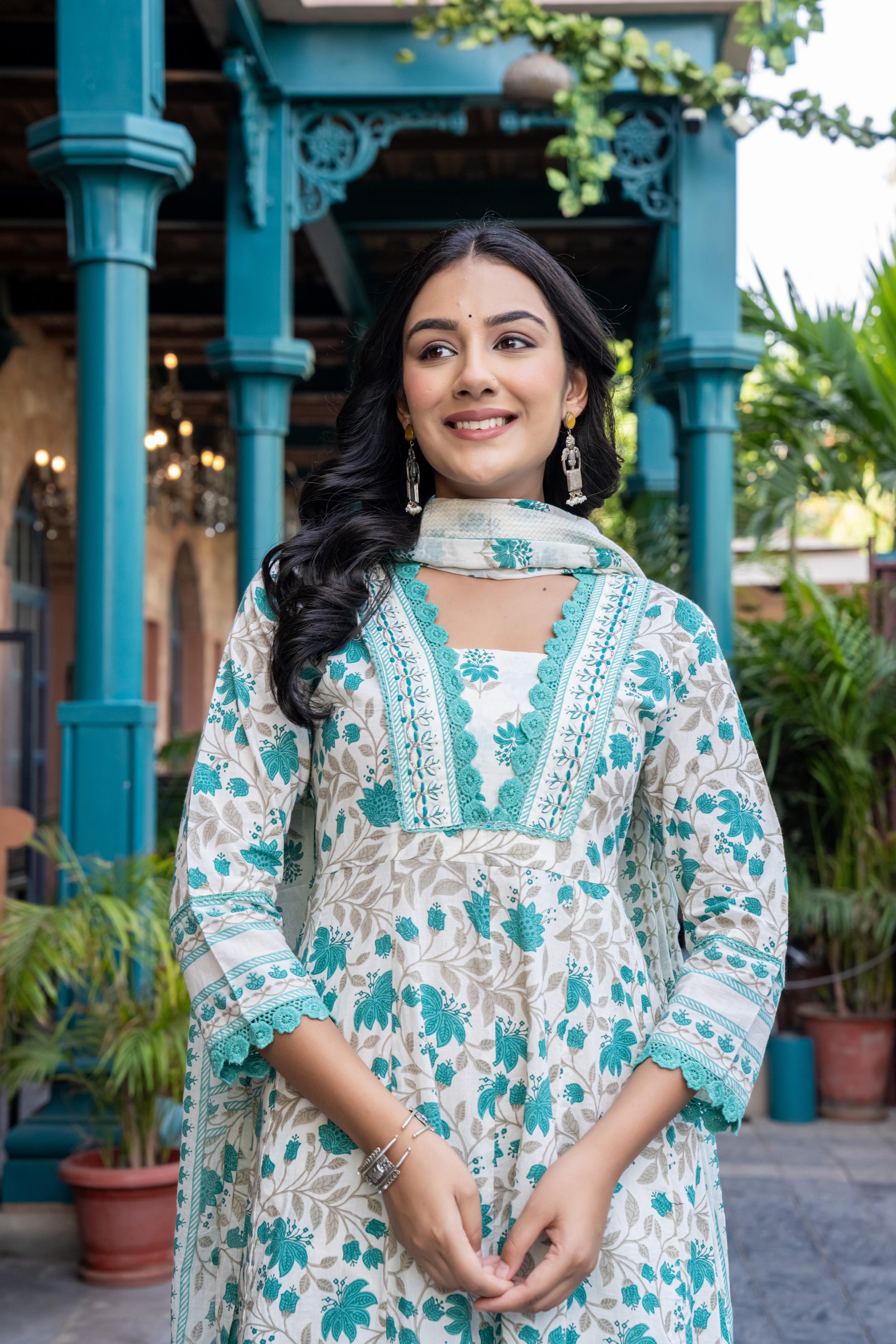 Ziyaana Green:- Women's Cotton Anarkali Kurta Set with Dupatta | Heavy Embroidered Neck & Sleeves
