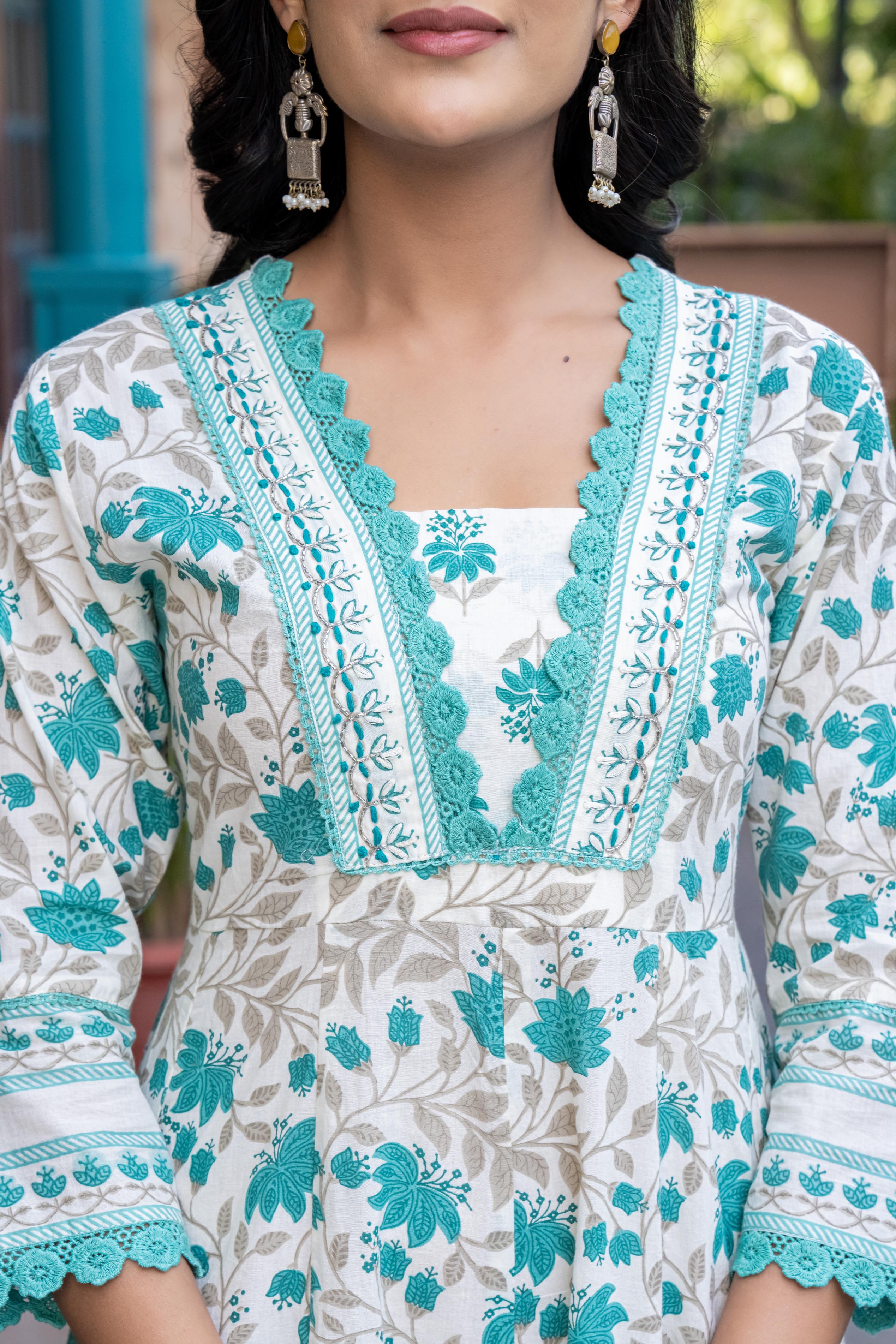 Ziyaana Green:- Women's Cotton Anarkali Kurta Set with Dupatta | Heavy Embroidered Neck & Sleeves