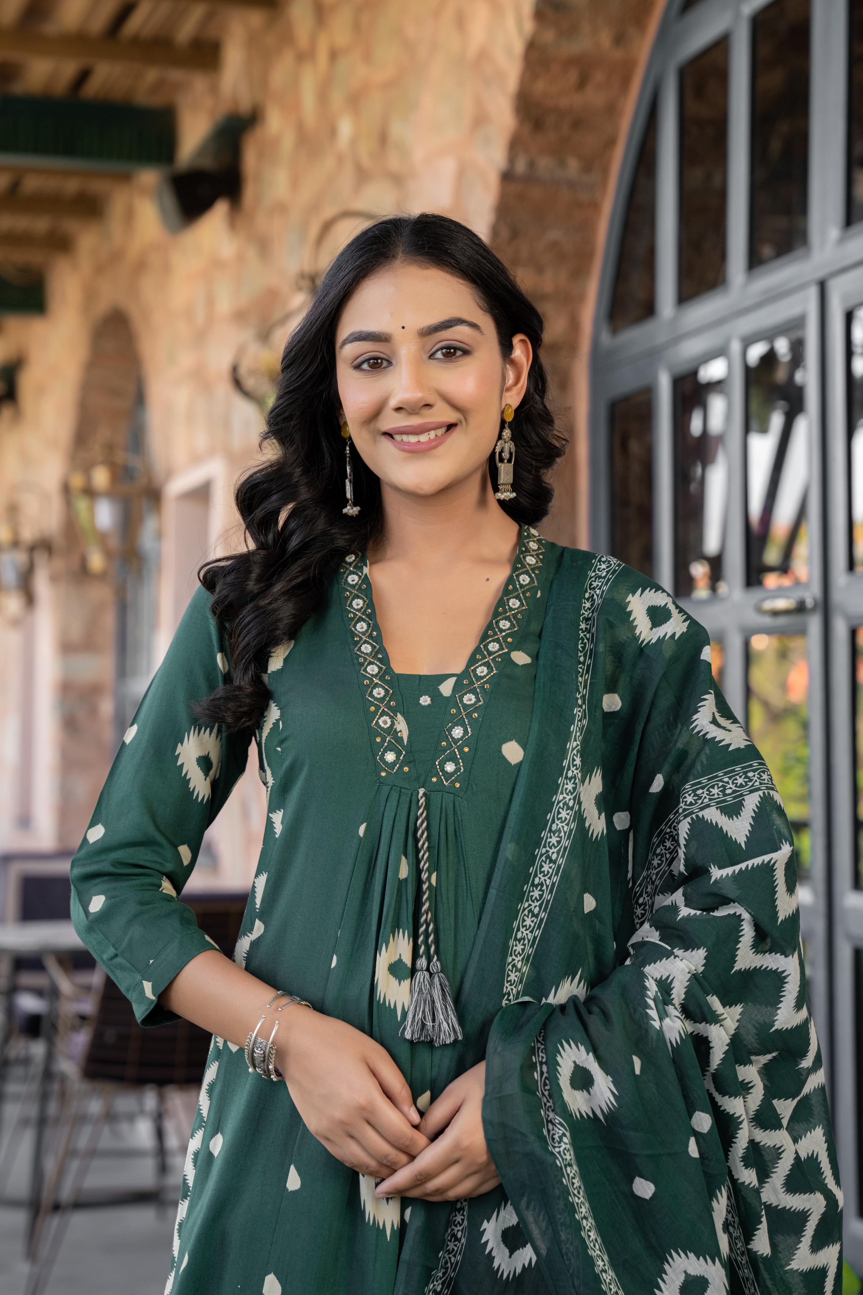 Ishmira Green :-  Women's Kurta Set with Dupatta | Adda Work Neck