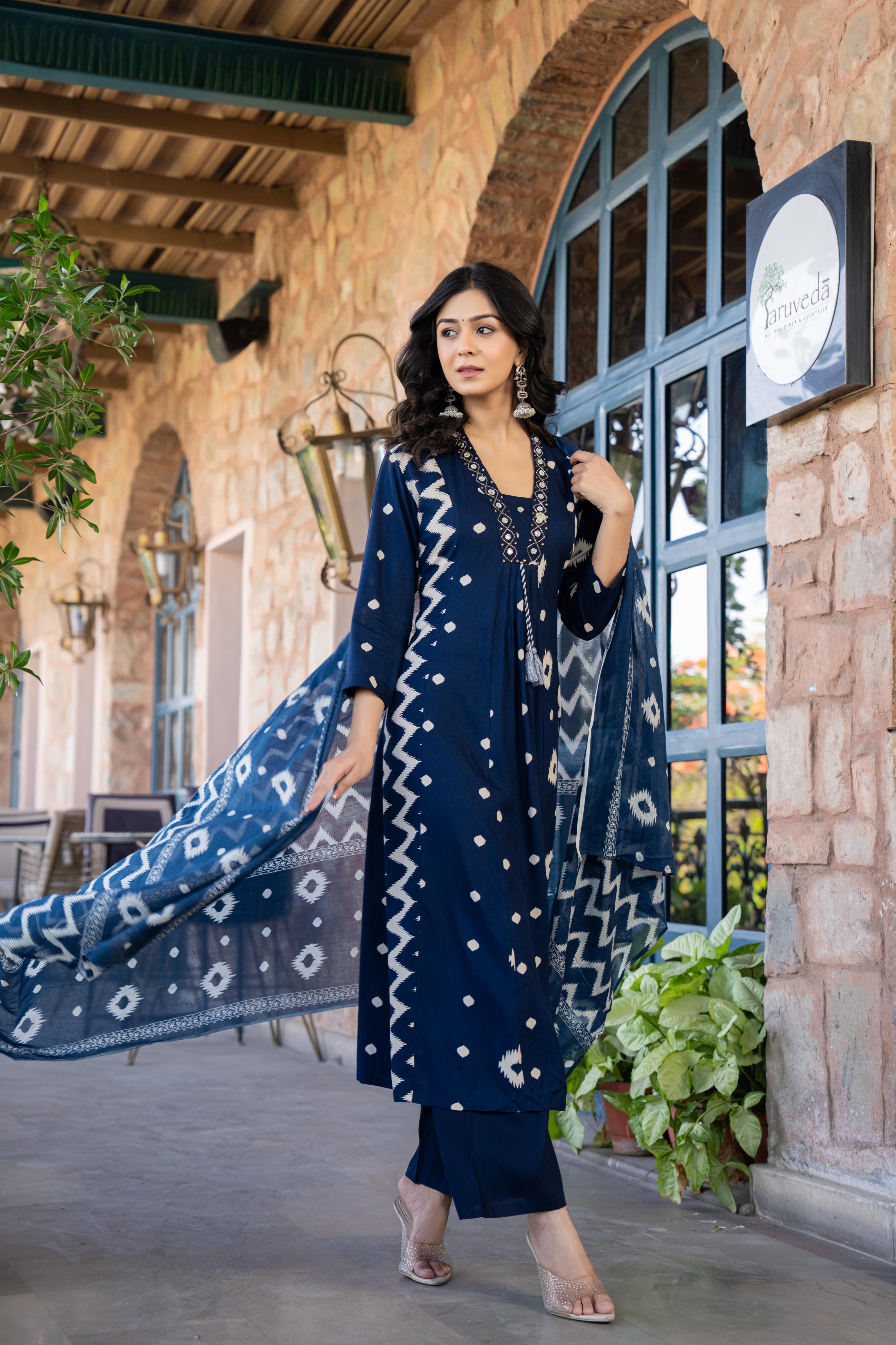 Ishmira Blue:-  Women Kurta Set with Dupatta | Adda Work Neck