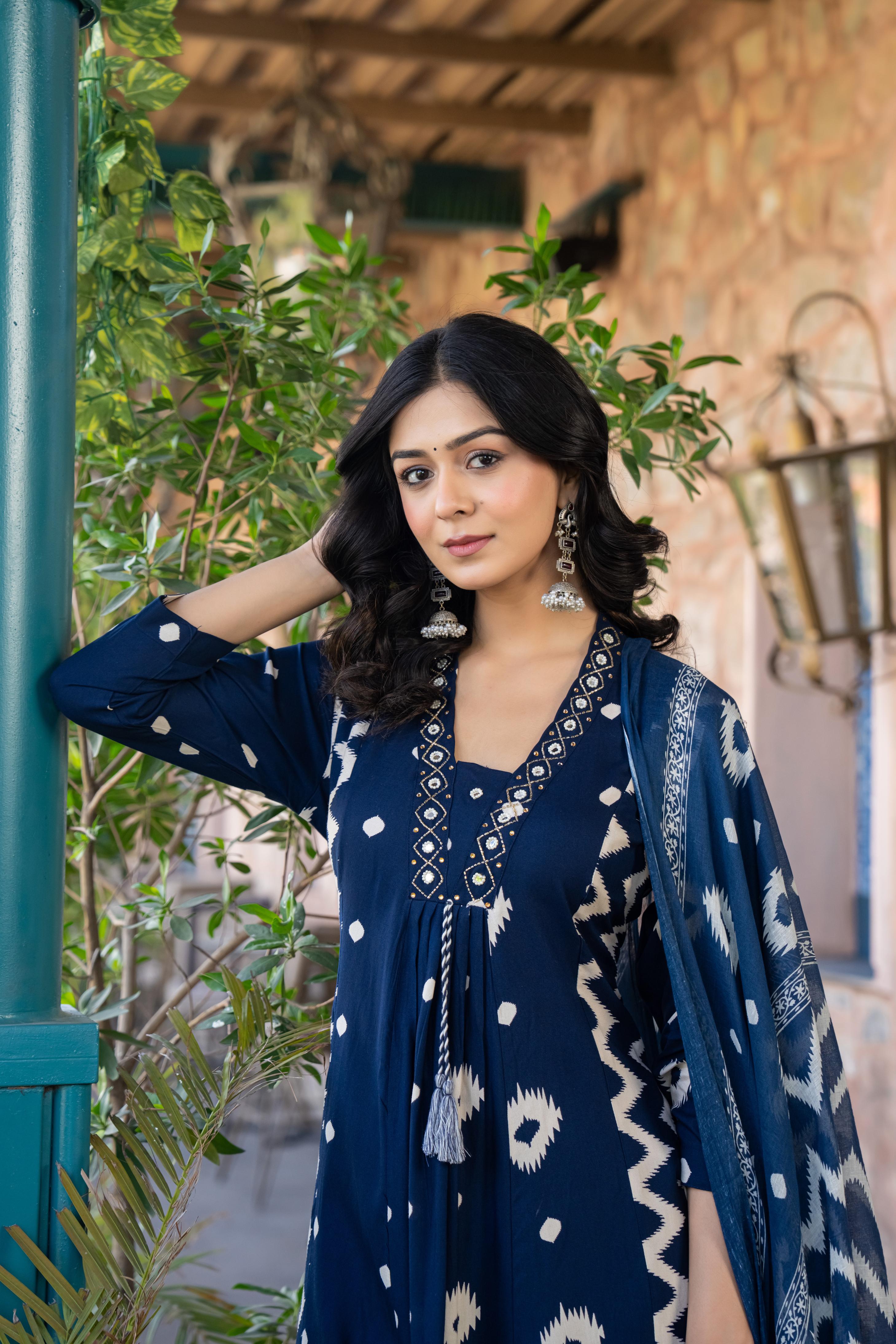 Ishmira Blue:-  Women Kurta Set with Dupatta | Adda Work Neck