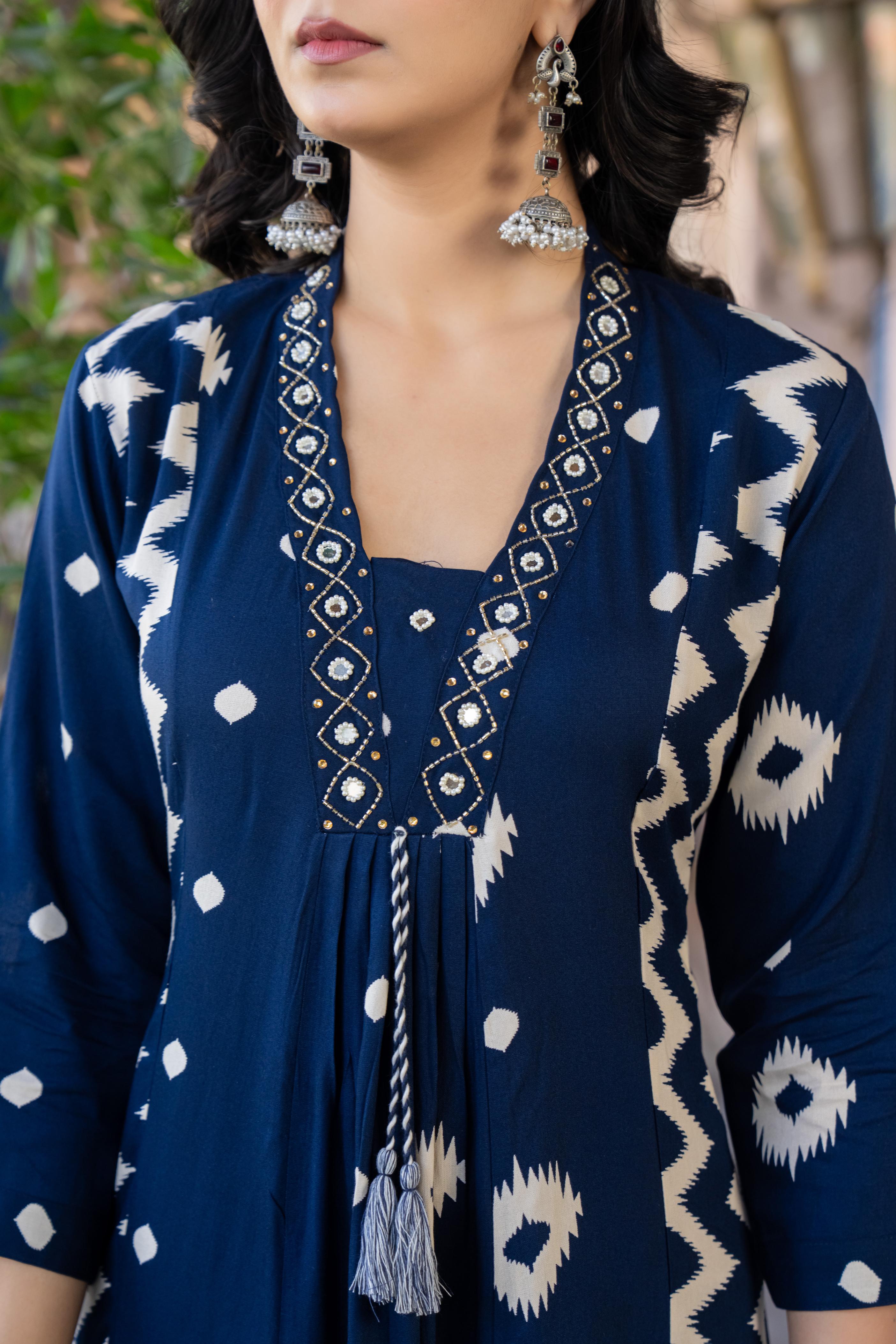 Ishmira Blue:-  Women Kurta Set with Dupatta | Adda Work Neck