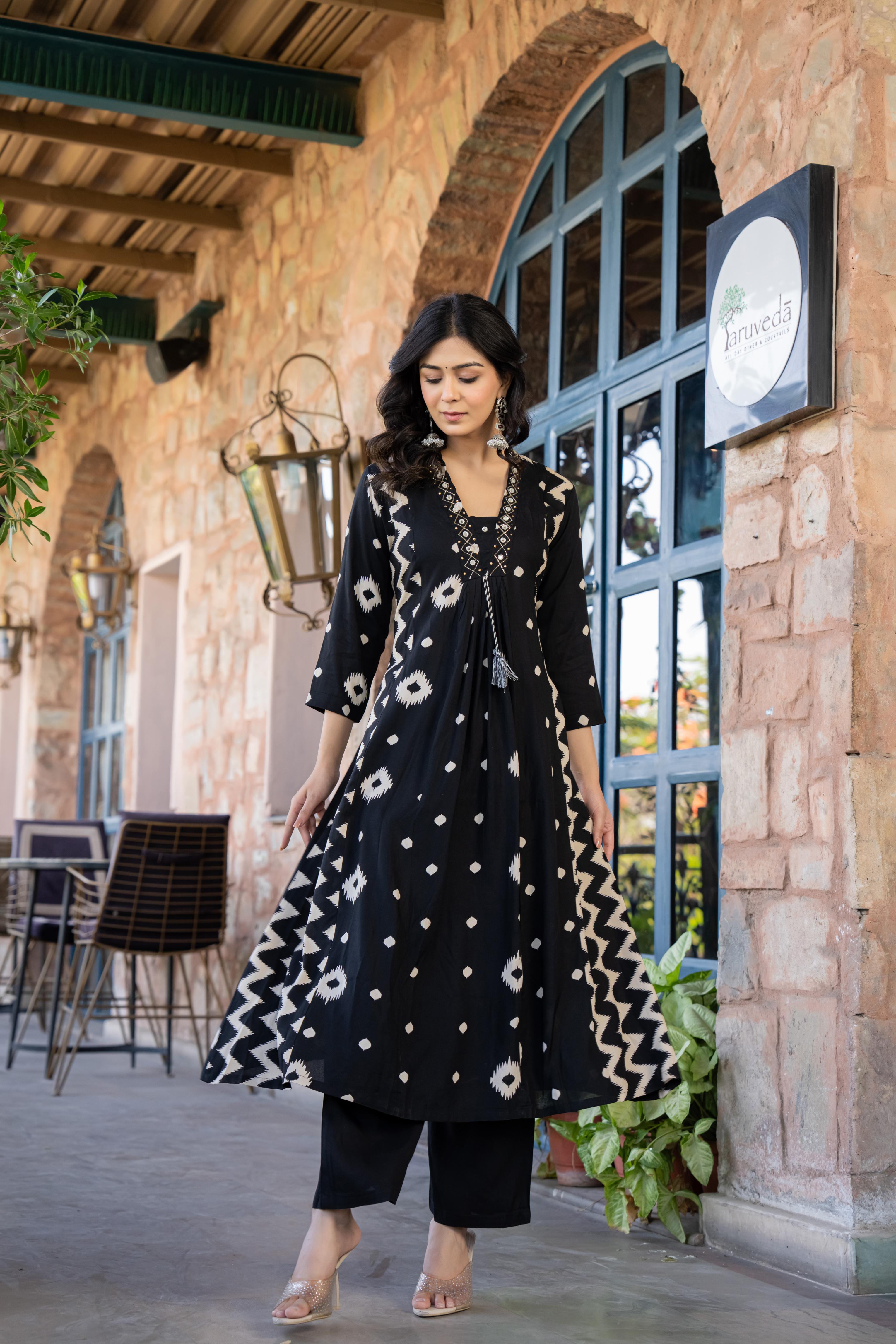 Ishmira Black:-  Women's Cotton Kurta Set with Dupatta | Adda Work Neck
