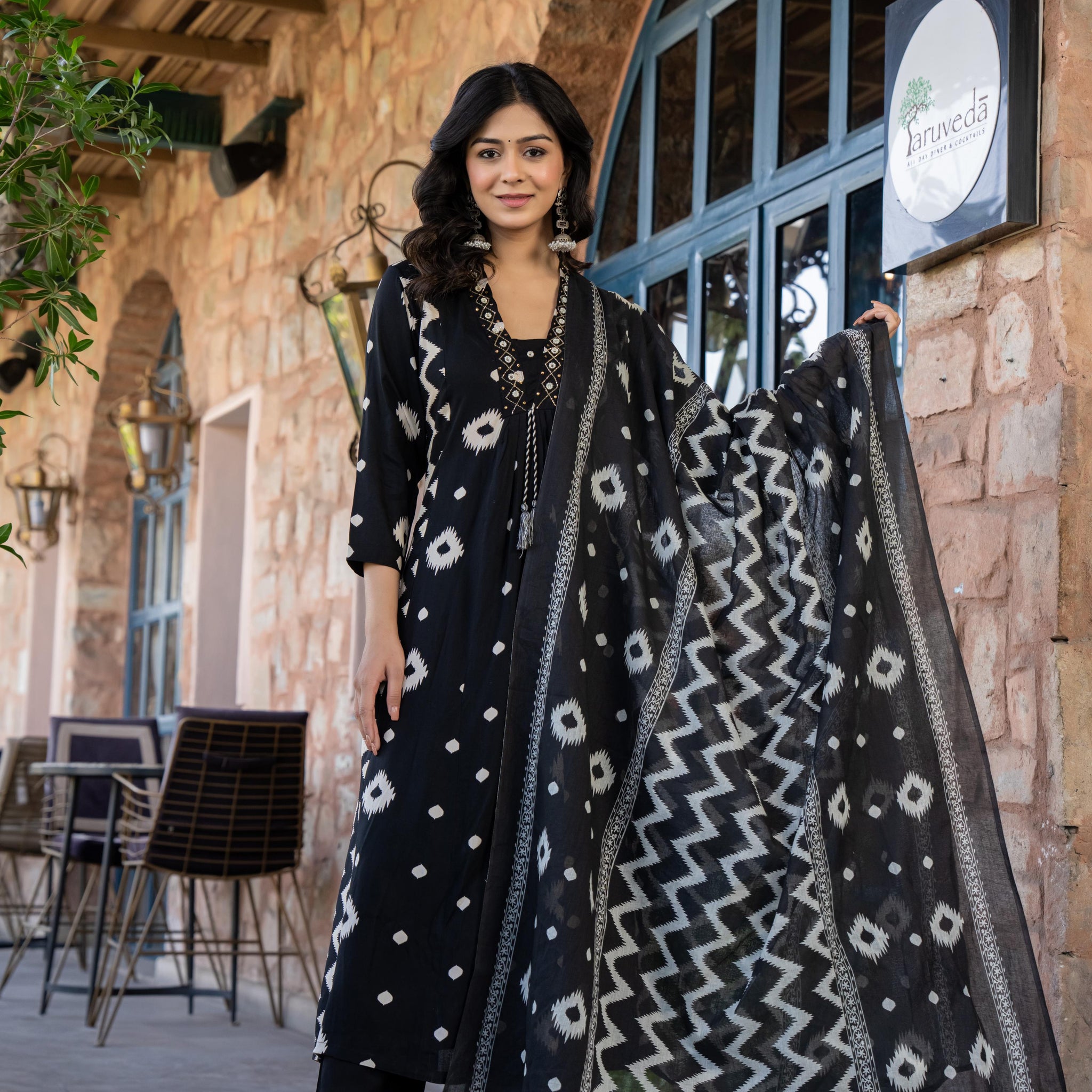 Ishmira Black:-  Women's Cotton Kurta Set with Dupatta | Adda Work Neck