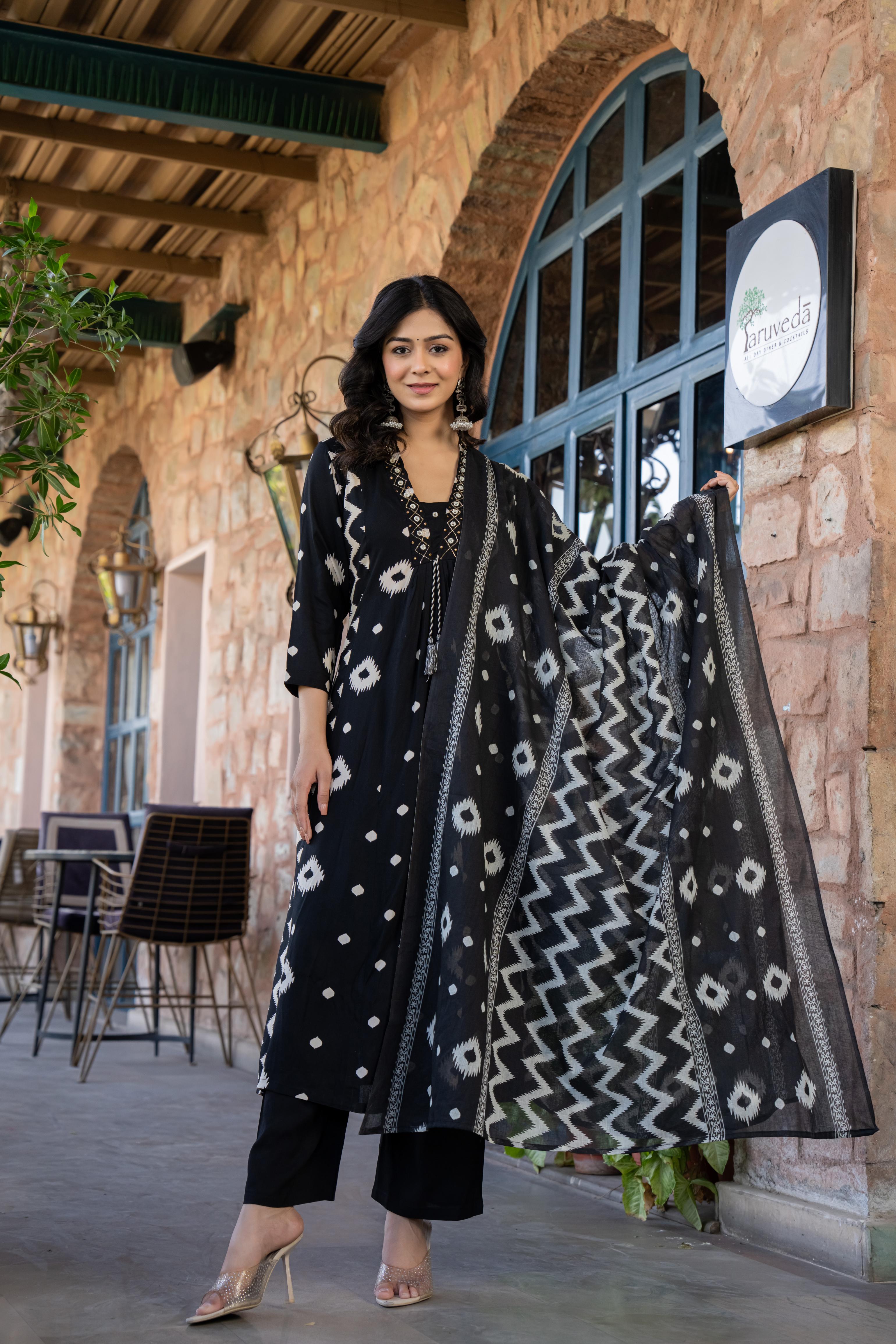 Ishmira Black:-  Women's Cotton Kurta Set with Dupatta | Adda Work Neck
