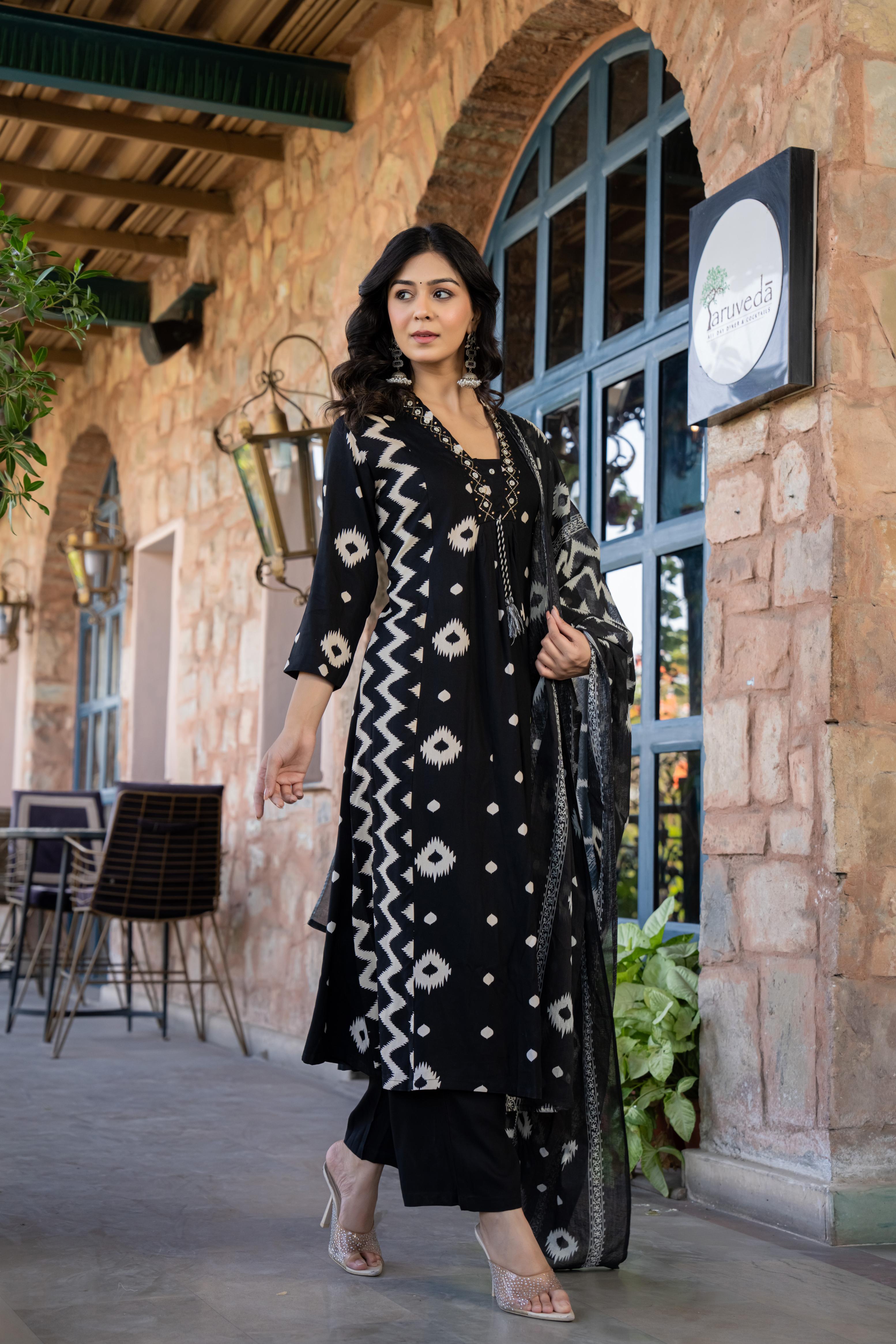 Ishmira Black:-  Women's Cotton Kurta Set with Dupatta | Adda Work Neck