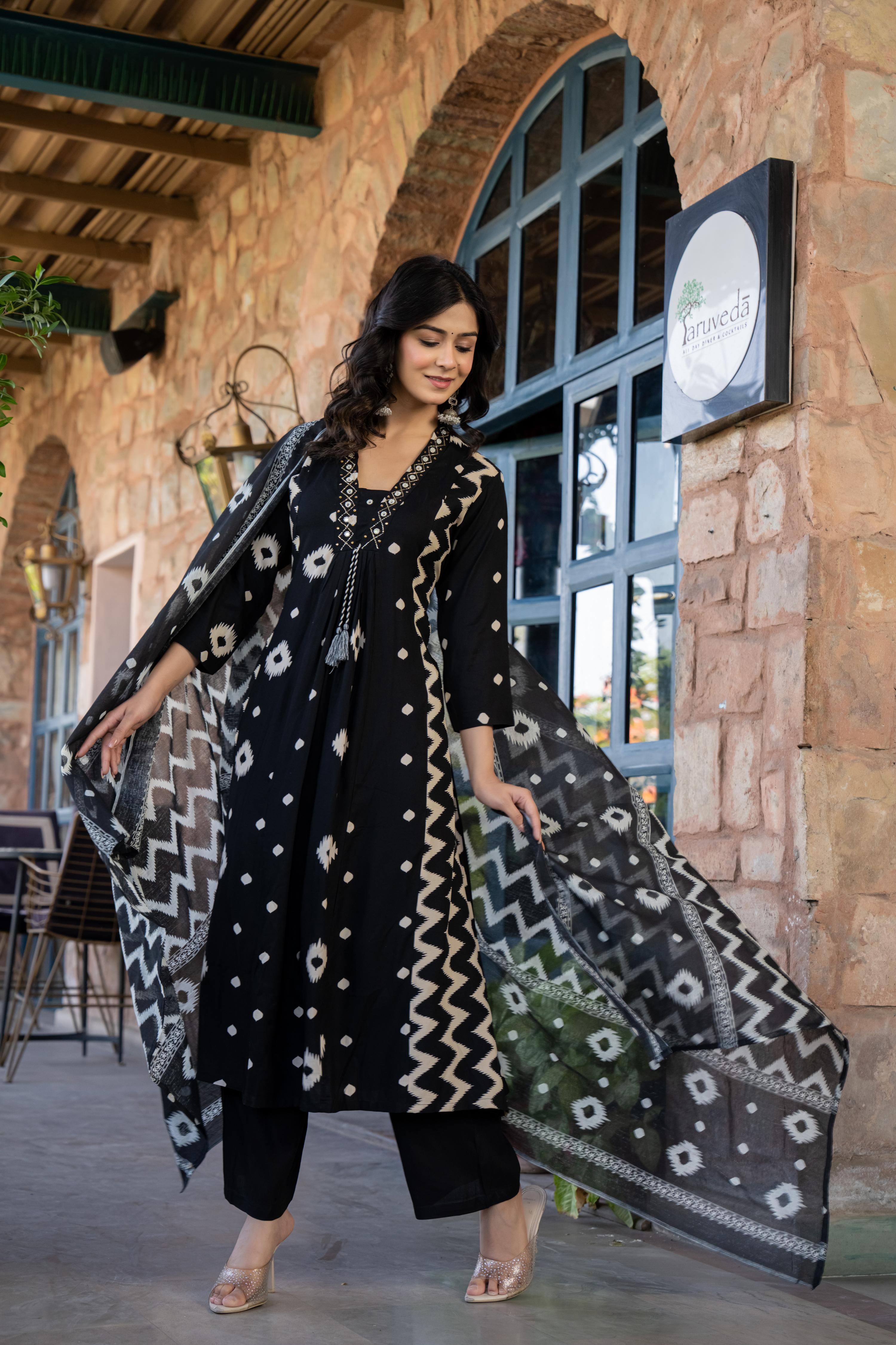 Ishmira Black:-  Women's Cotton Kurta Set with Dupatta | Adda Work Neck