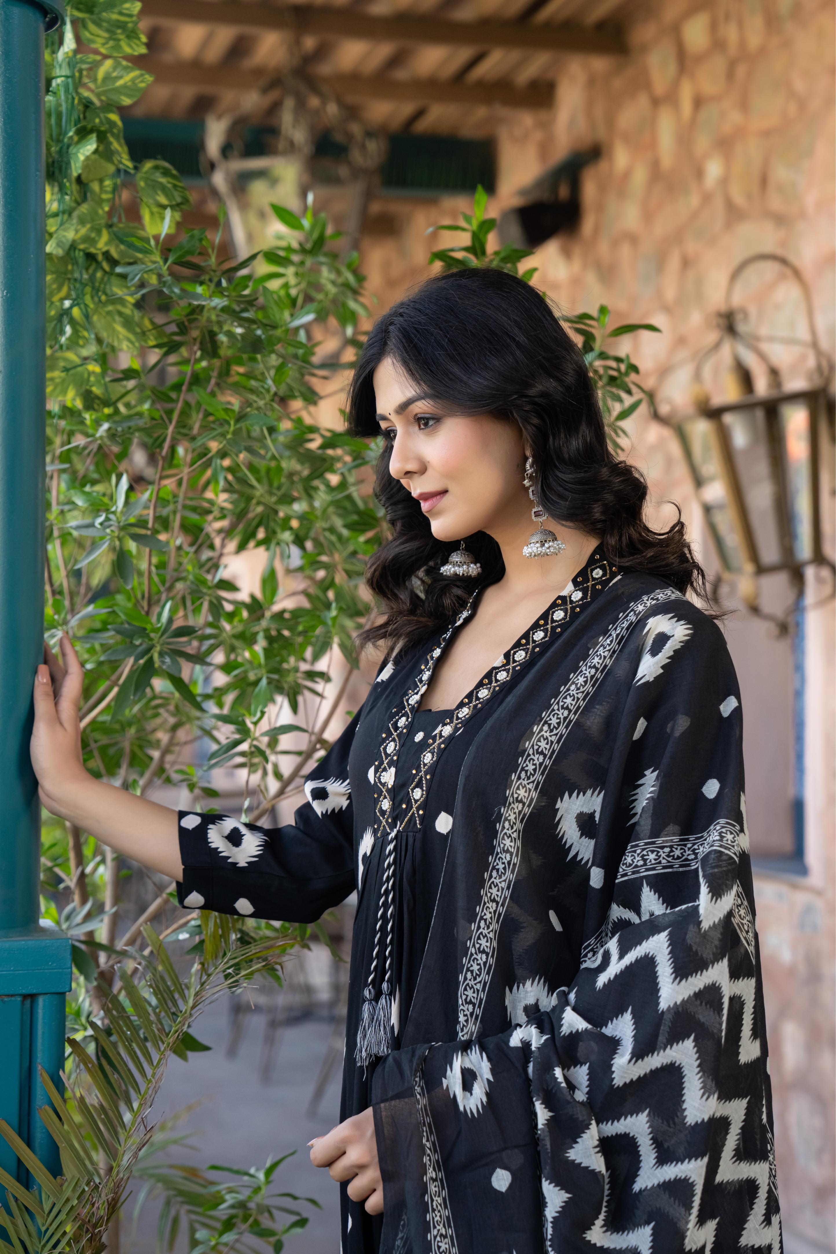 Ishmira Black:-  Women's Cotton Kurta Set with Dupatta | Adda Work Neck
