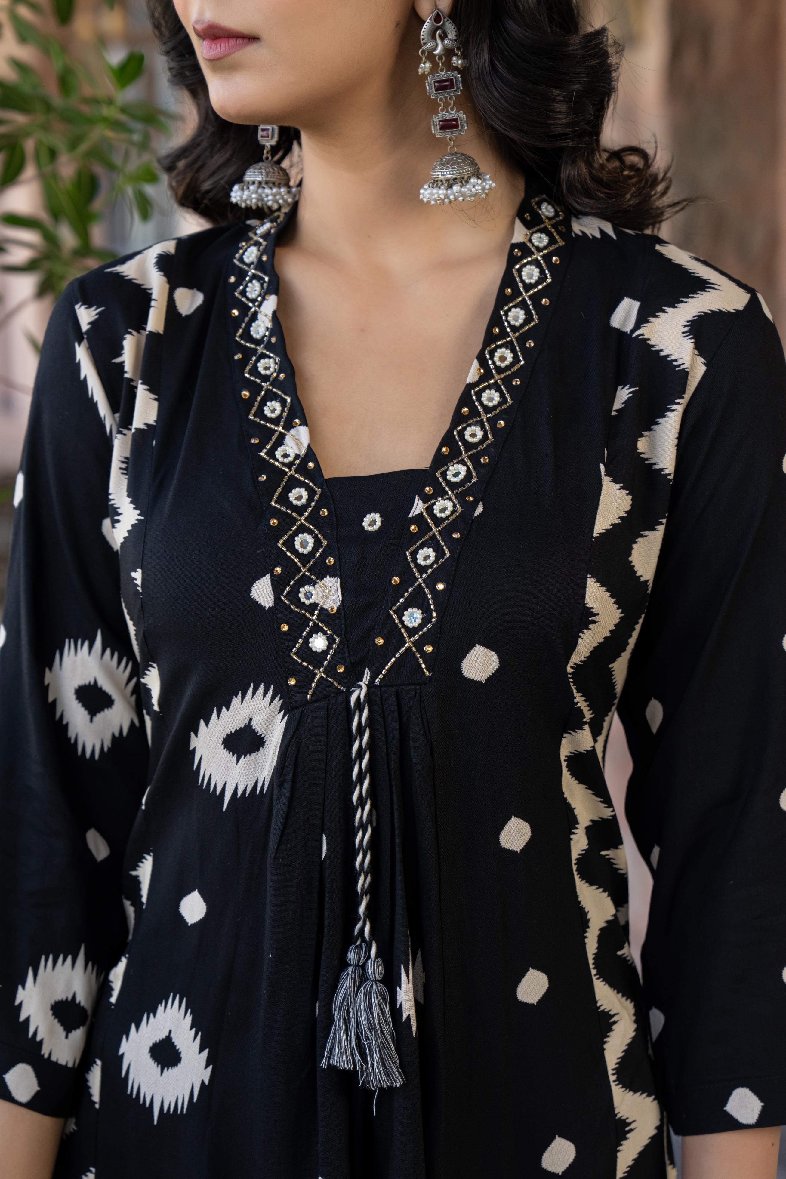 Ishmira Black:-  Women's Cotton Kurta Set with Dupatta | Adda Work Neck