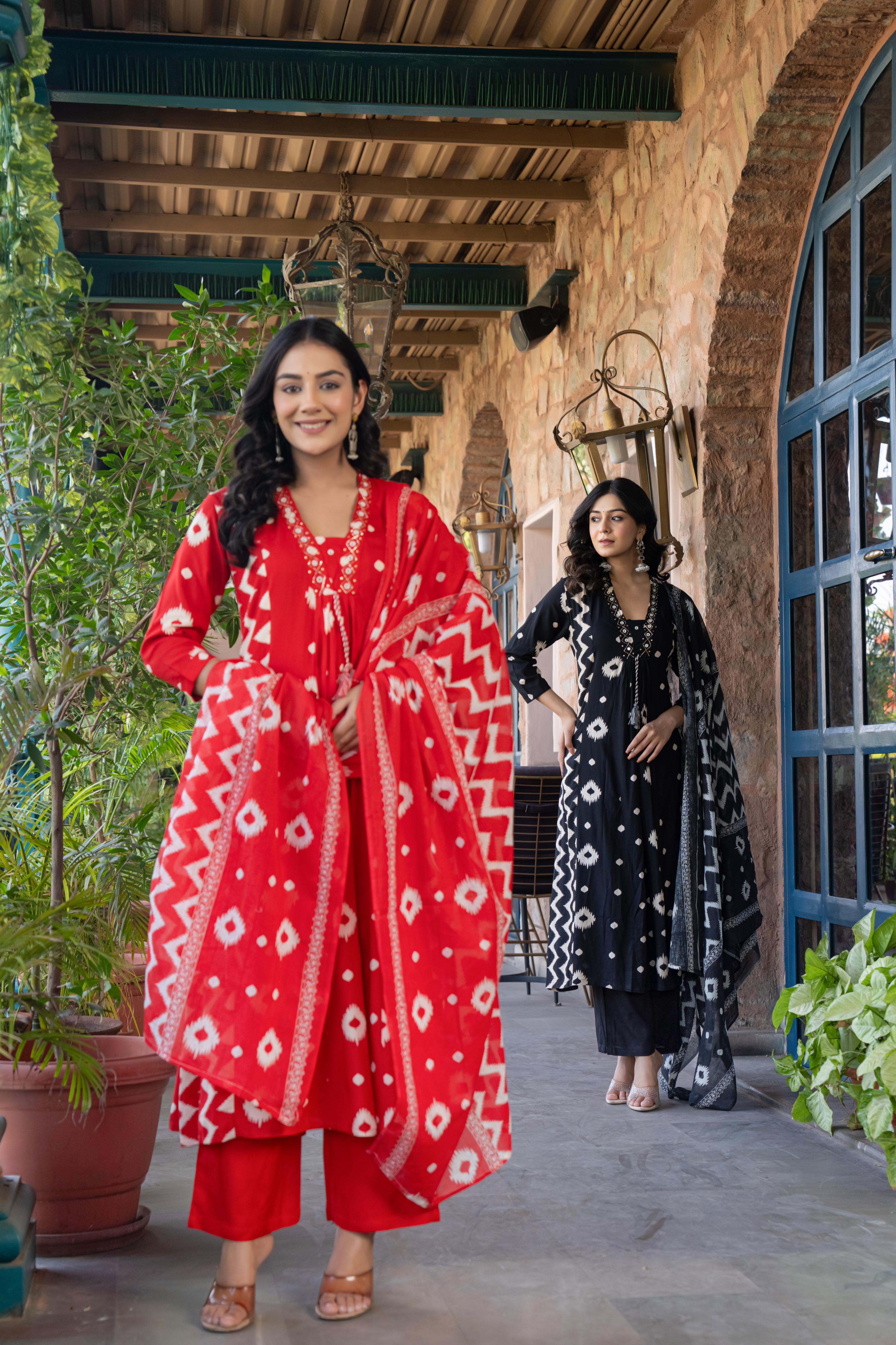 Ishmira Red :-  Women Kurta Set with Dupatta | Adda Work Neck