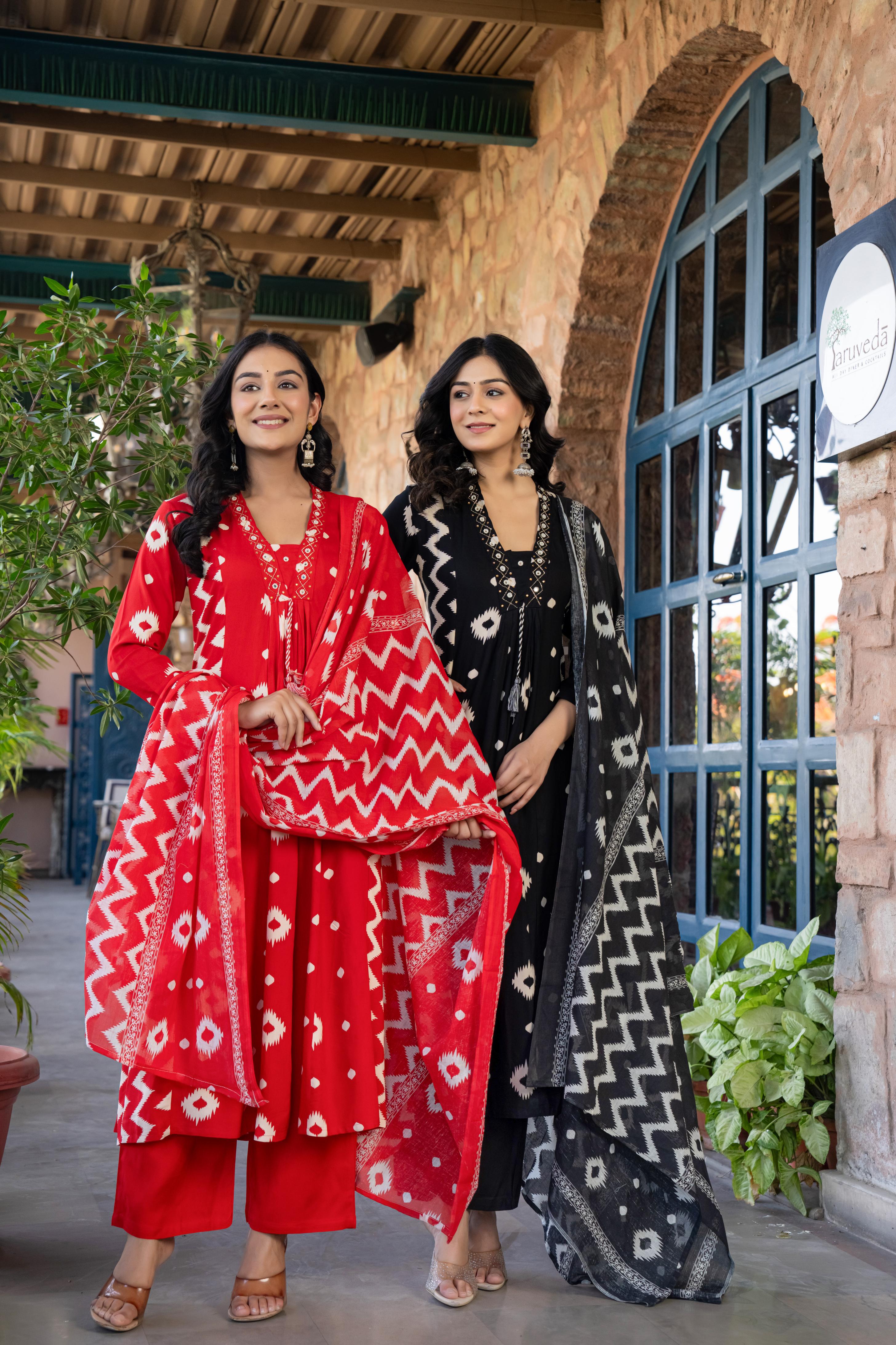 Ishmira Red :-  Women Kurta Set with Dupatta | Adda Work Neck