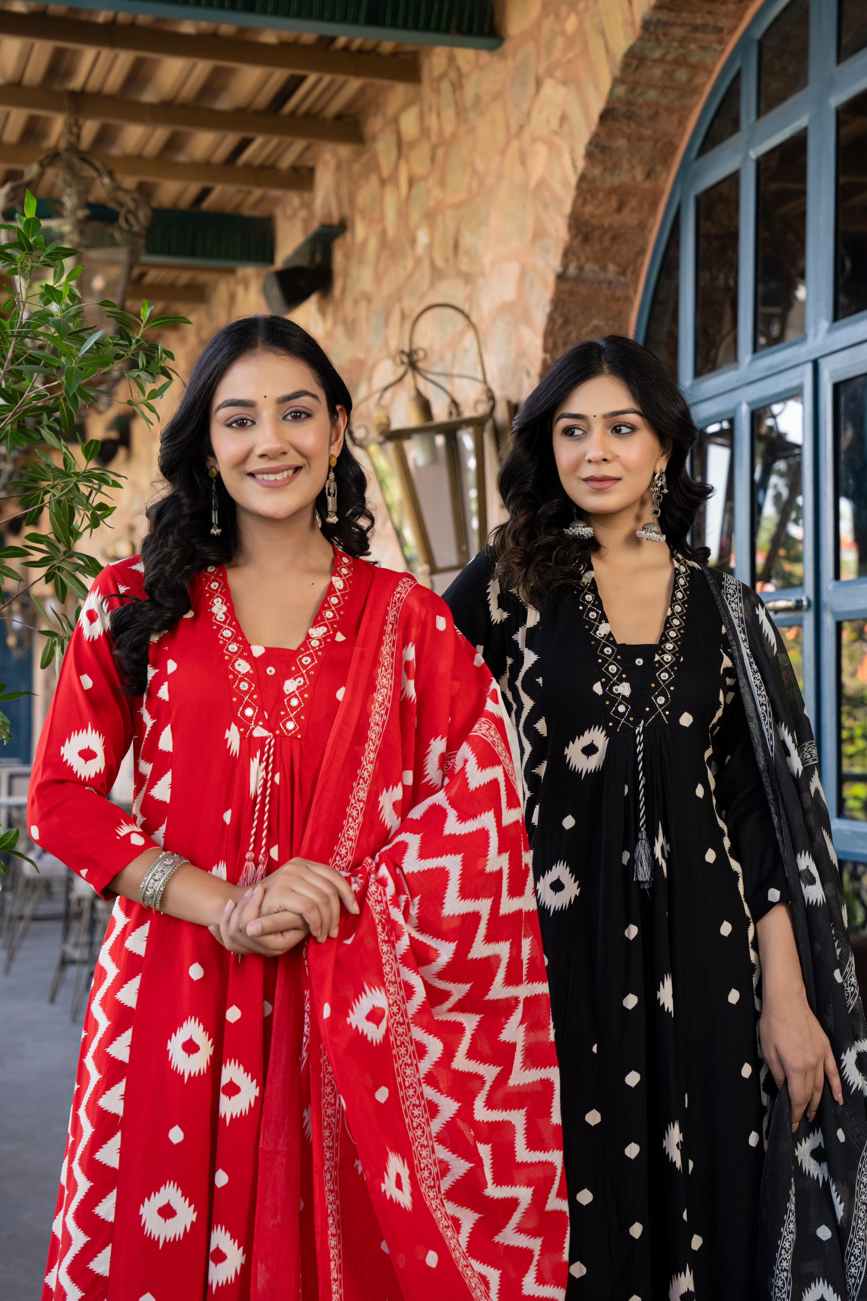 Ishmira Red :-  Women Kurta Set with Dupatta | Adda Work Neck