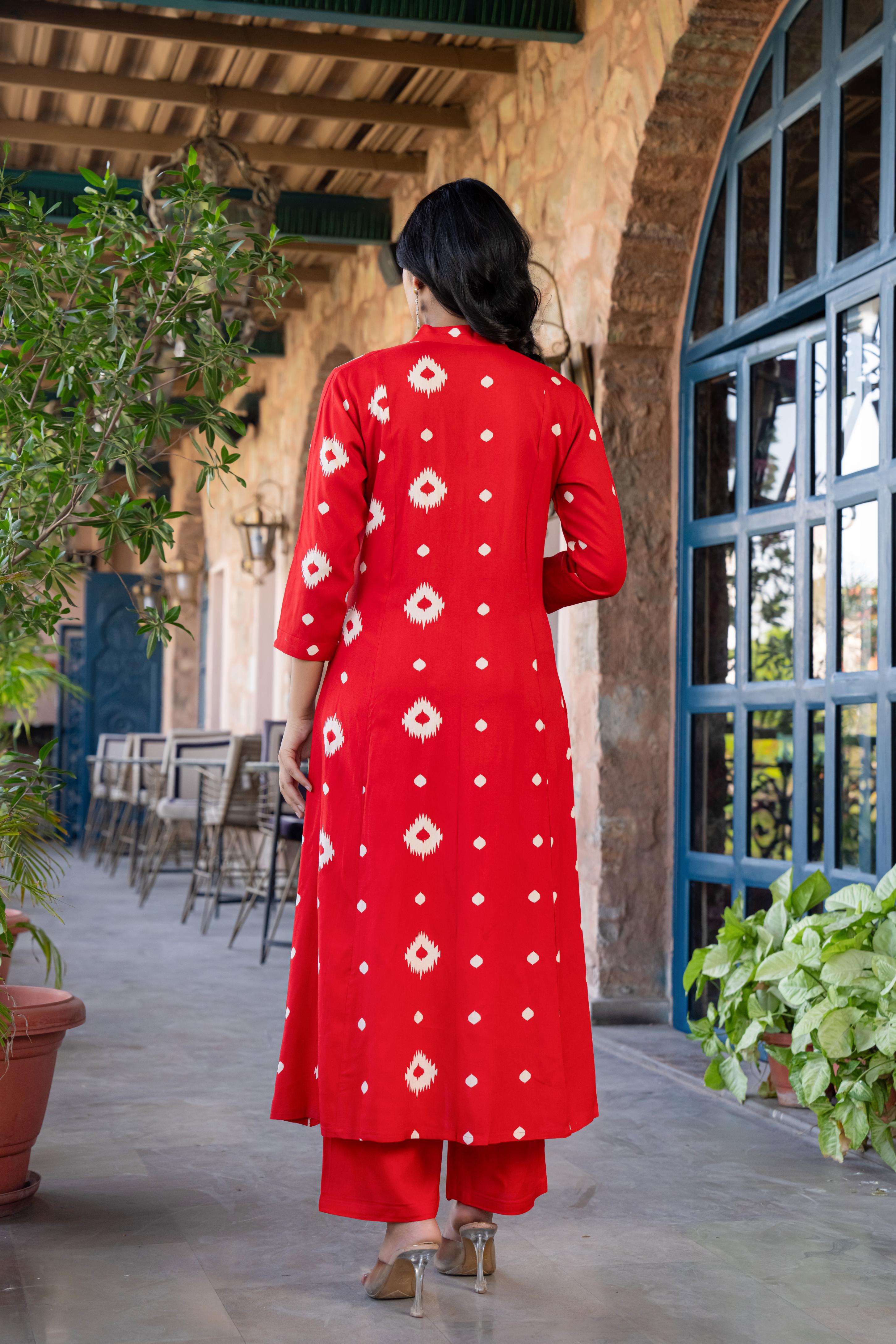 Ishmira Red :-  Women Kurta Set with Dupatta | Adda Work Neck