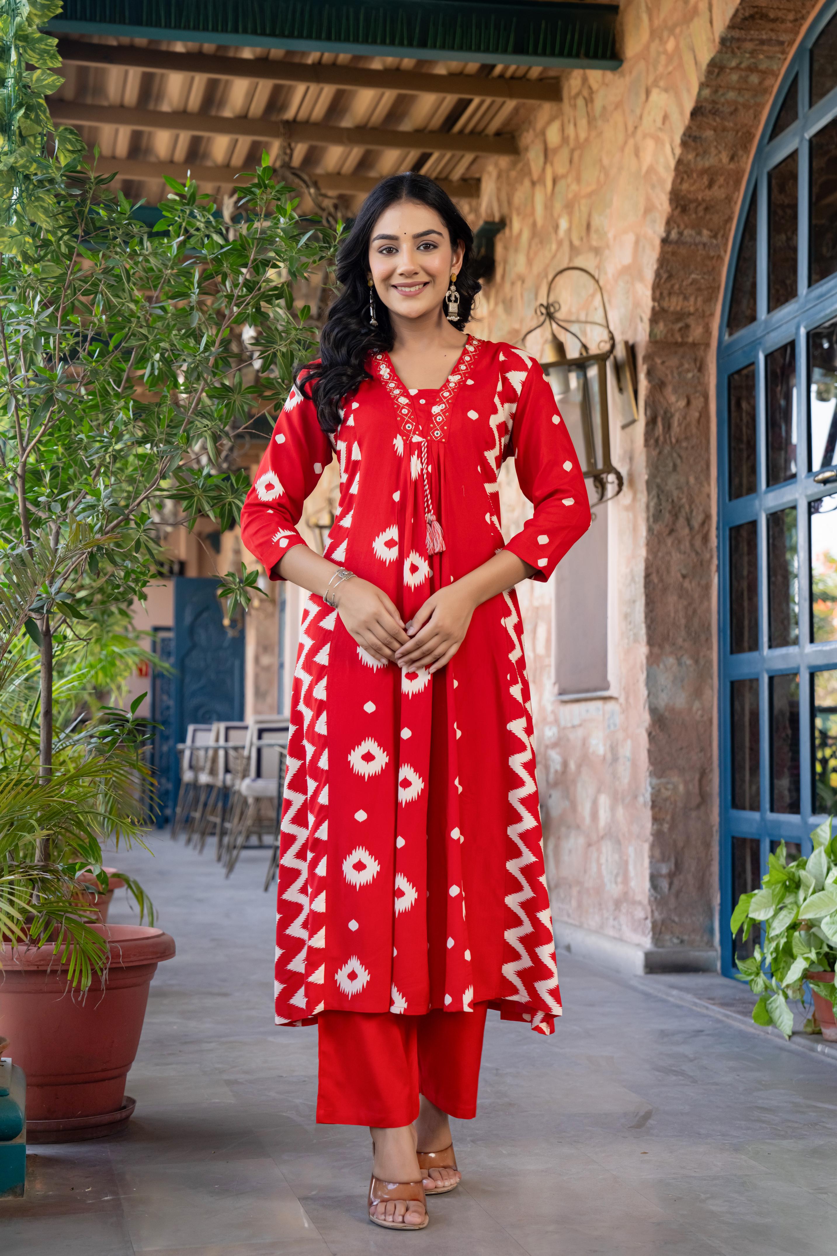 Ishmira Red :-  Women Kurta Set with Dupatta | Adda Work Neck