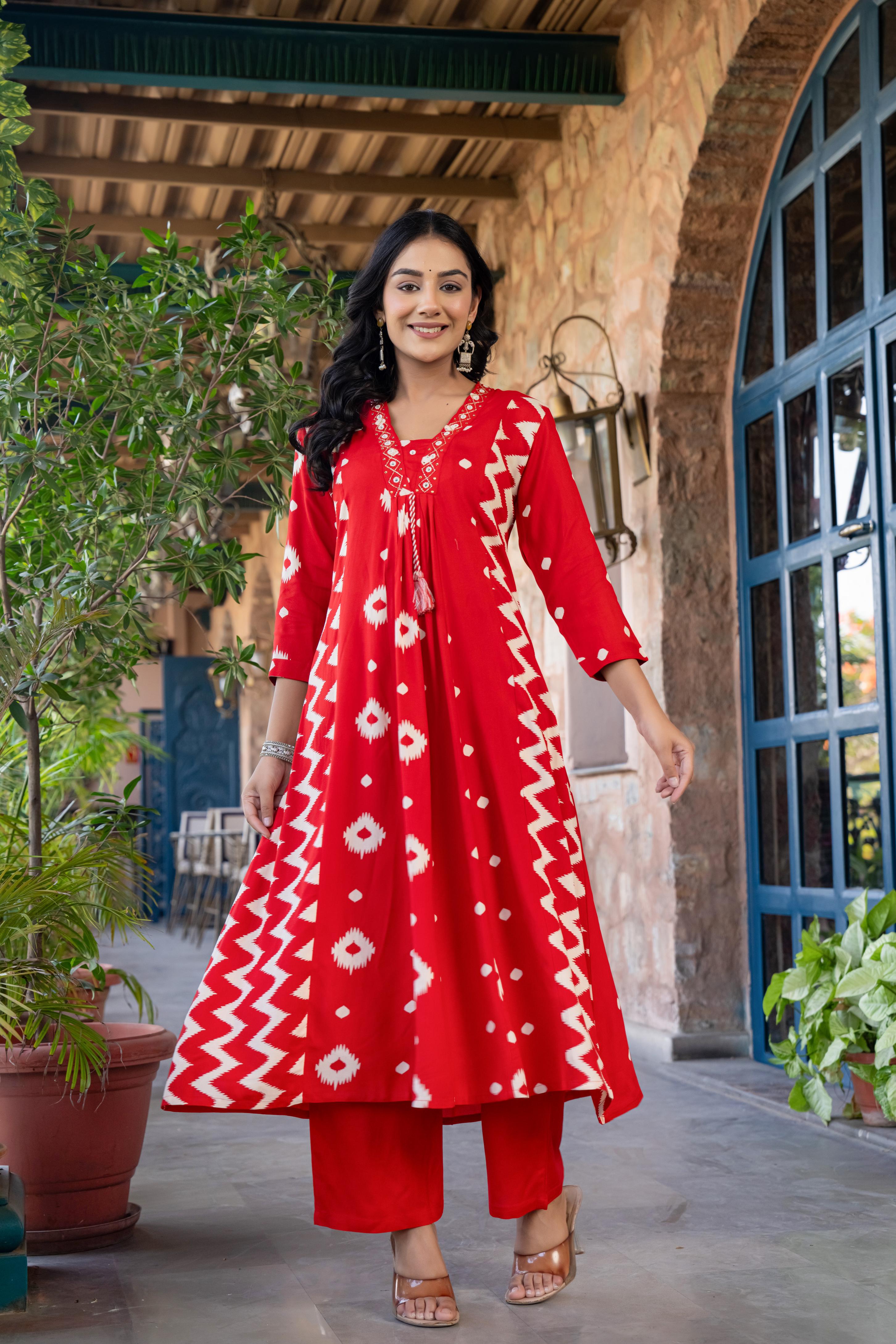 Ishmira Red :-  Women Kurta Set with Dupatta | Adda Work Neck