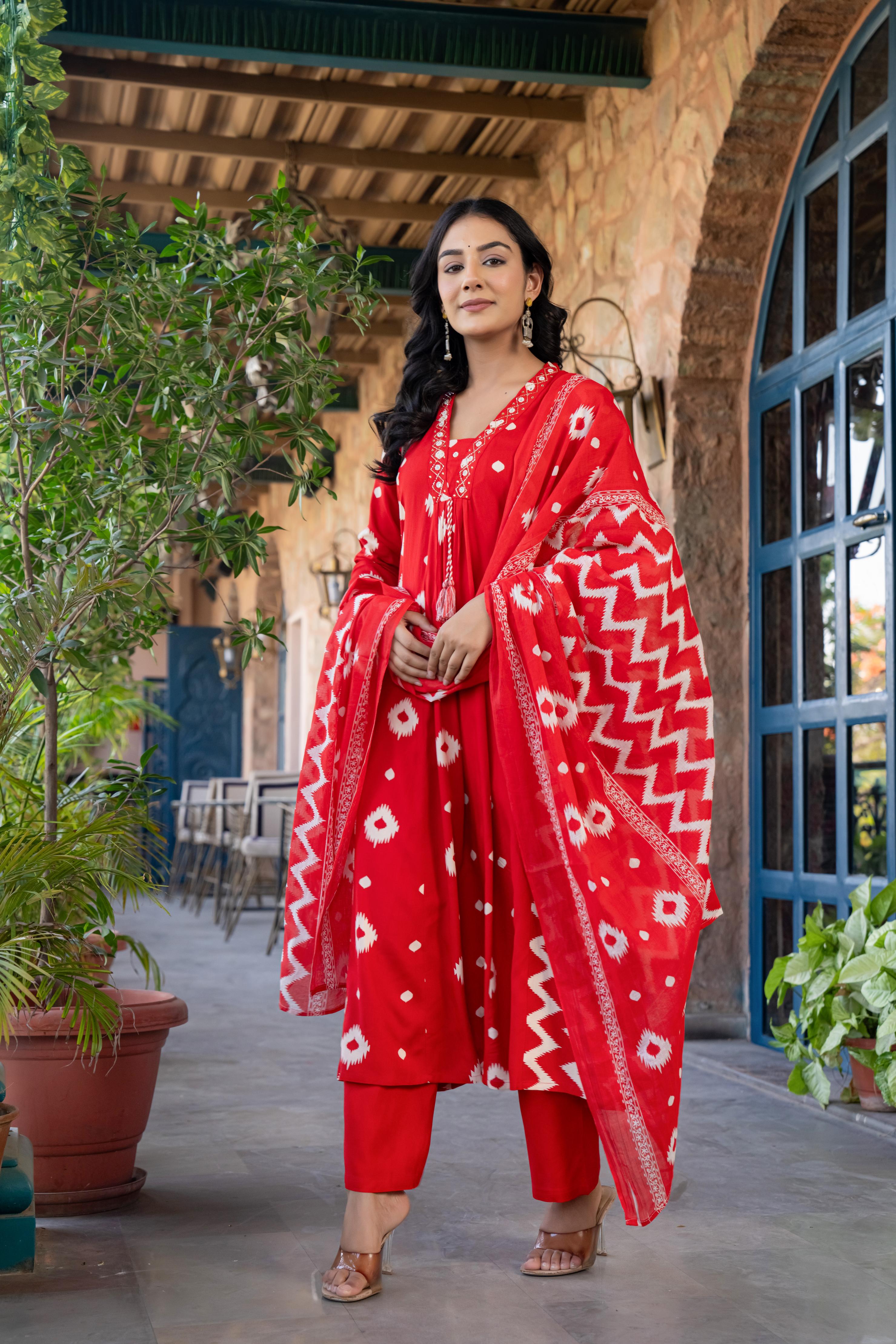 Ishmira Red :-  Women Kurta Set with Dupatta | Adda Work Neck