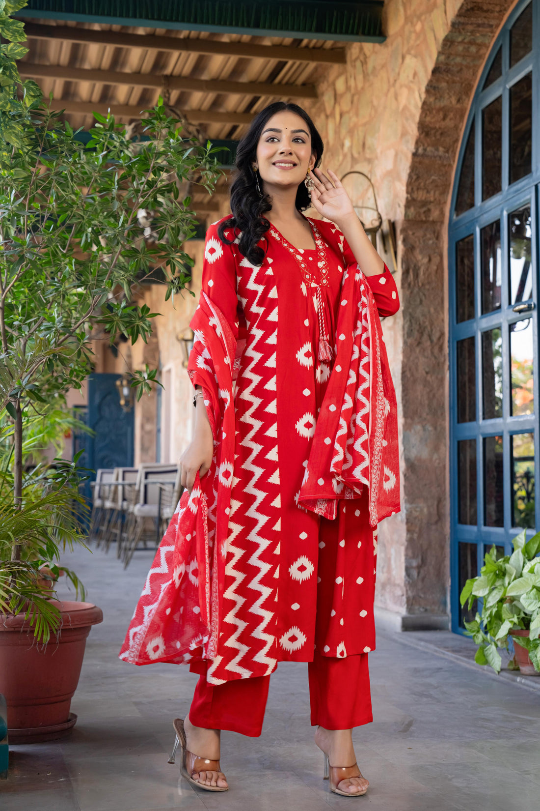 Ishmira Red :-  Women Kurta Set with Dupatta | Adda Work Neck