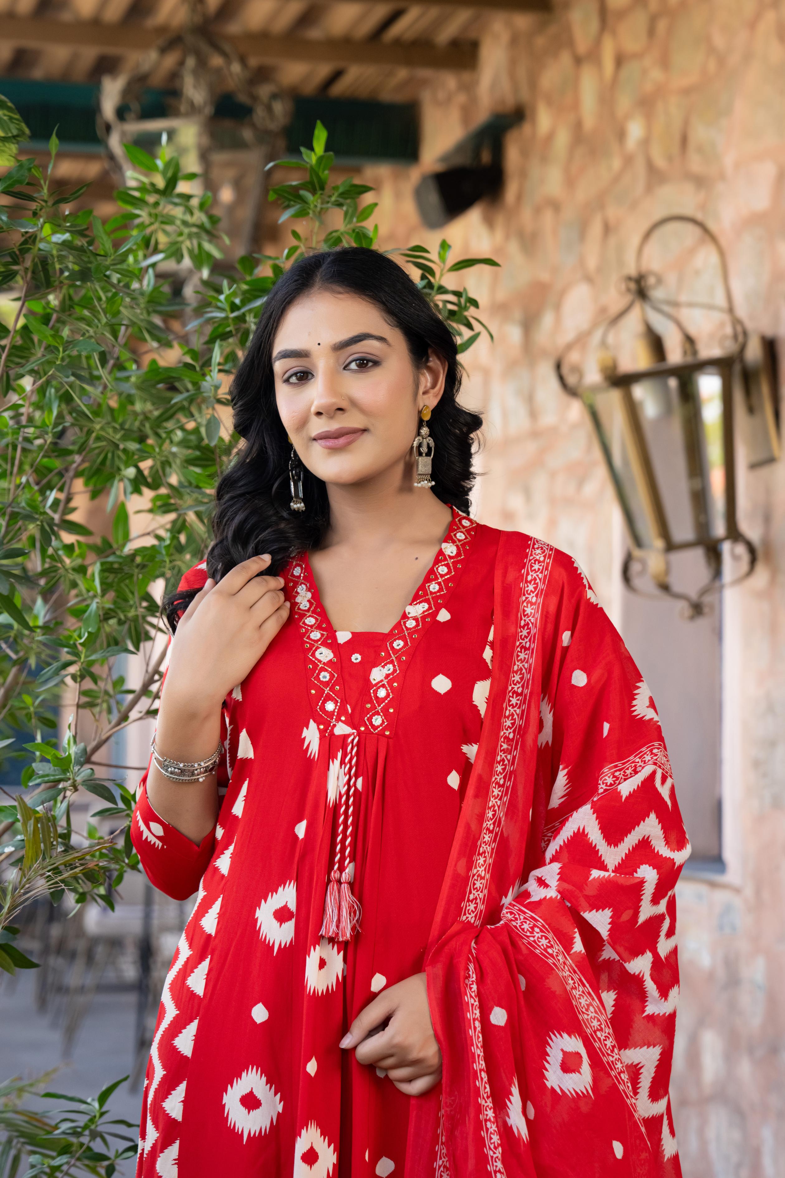 Ishmira Red :-  Women Kurta Set with Dupatta | Adda Work Neck