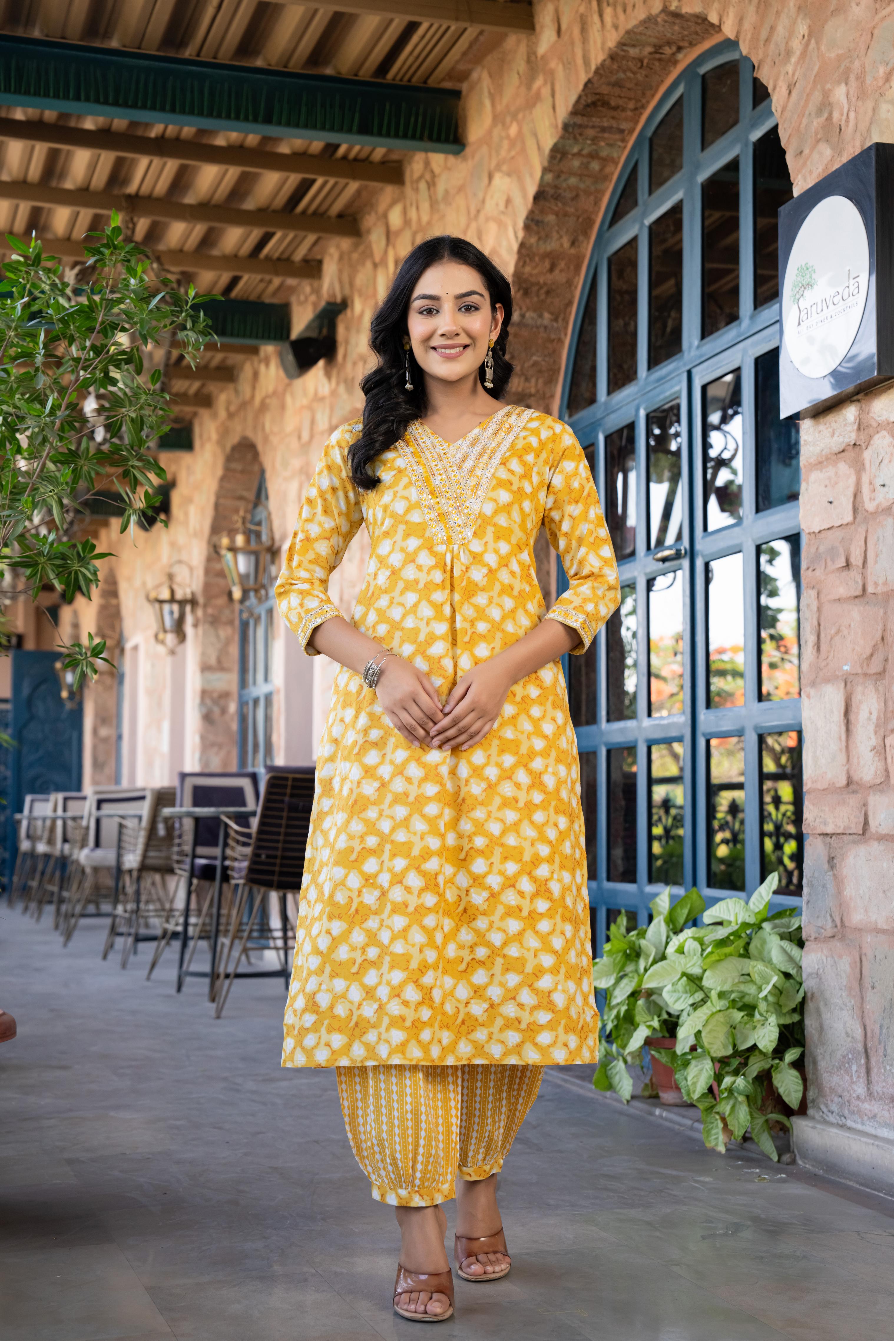 Ruhaya Women's Printed Cotton Kurta Set with Dupatta | Heavy Embroidery | Yellow Patiala Style