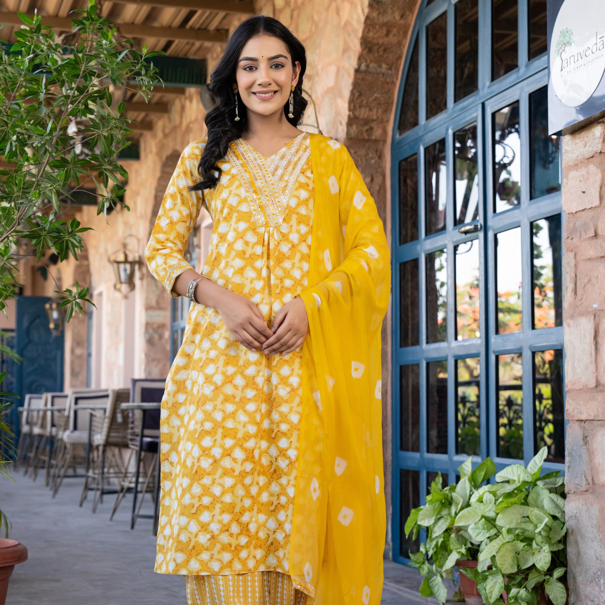 Ruhaya Women's Printed Cotton Kurta Set with Dupatta | Heavy Embroidery | Yellow Patiala Style
