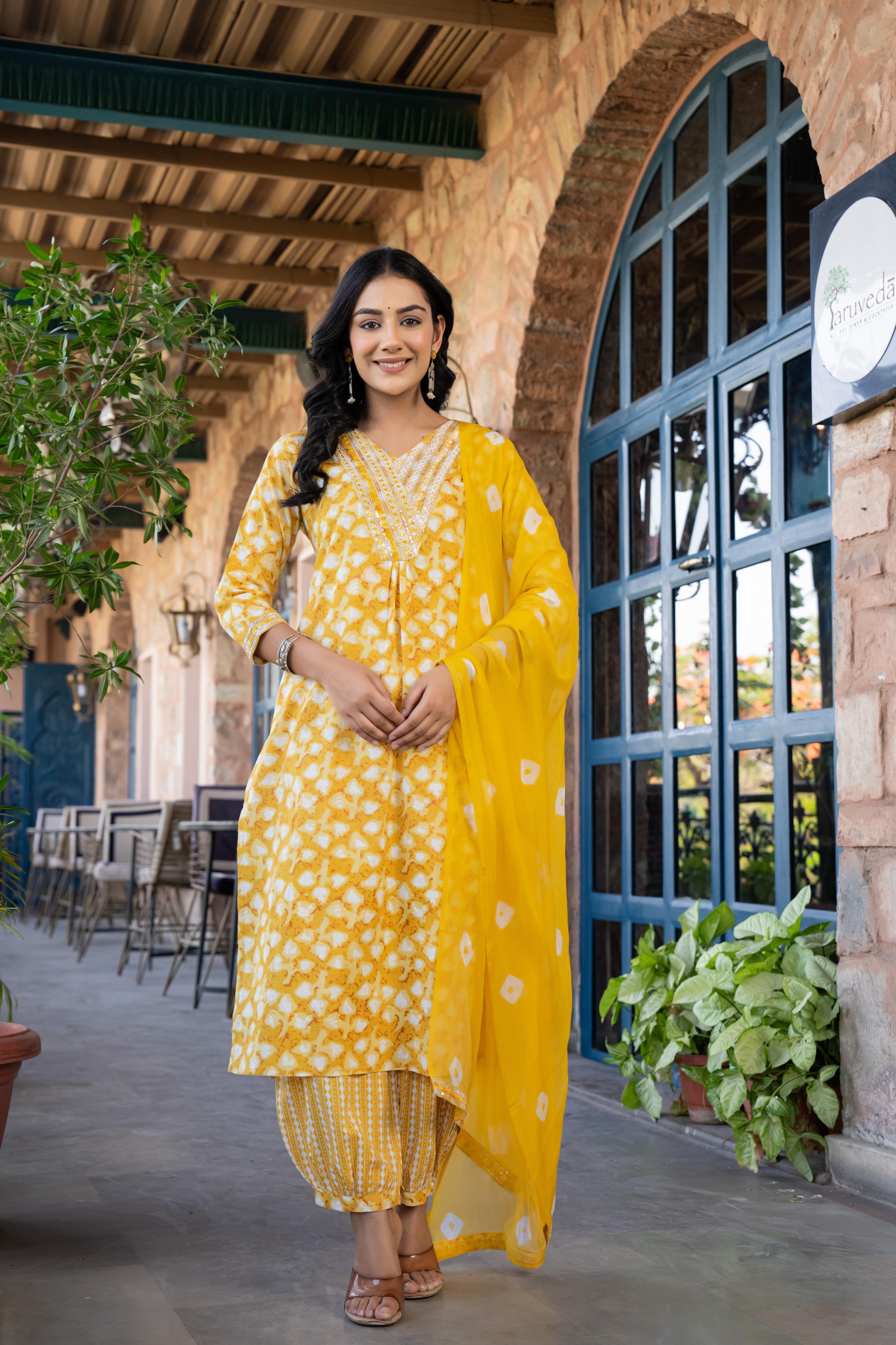 Ruhaya Women's Printed Cotton Kurta Set with Dupatta | Heavy Embroidery | Yellow Patiala Style