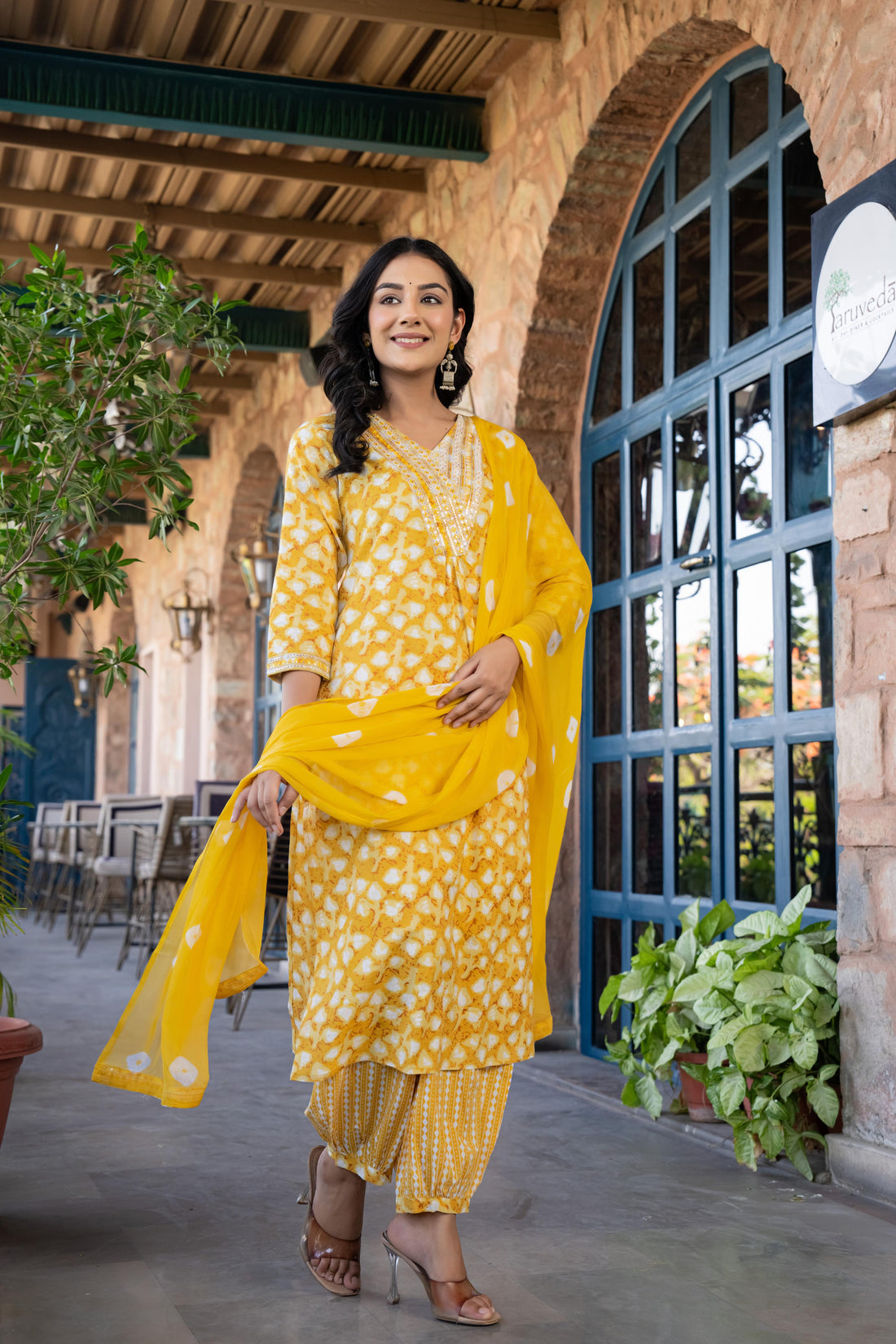 Ruhaya Women's Printed Cotton Kurta Set with Dupatta | Heavy Embroidery | Yellow Patiala Style