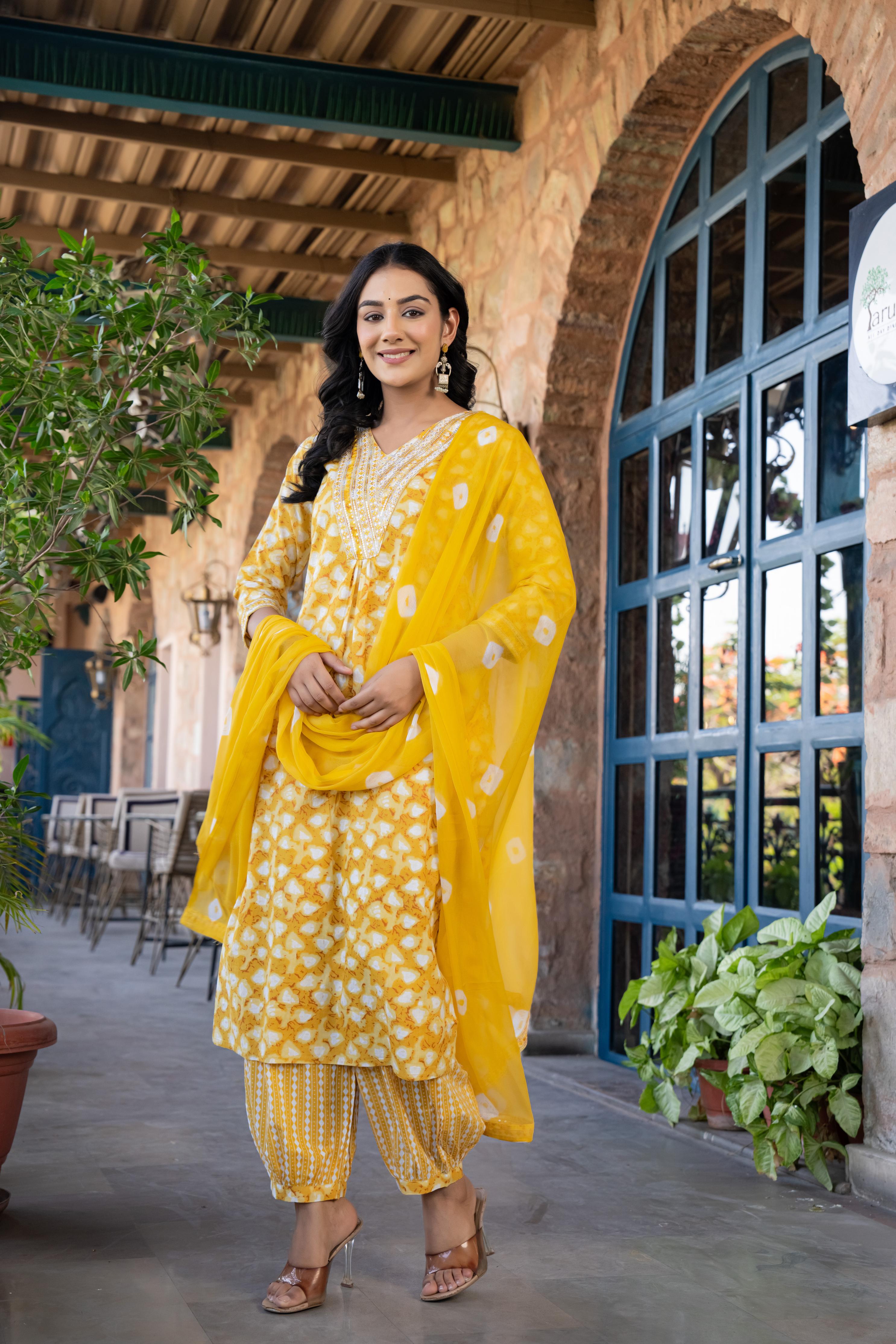 Ruhaya Women's Printed Cotton Kurta Set with Dupatta | Heavy Embroidery | Yellow Patiala Style