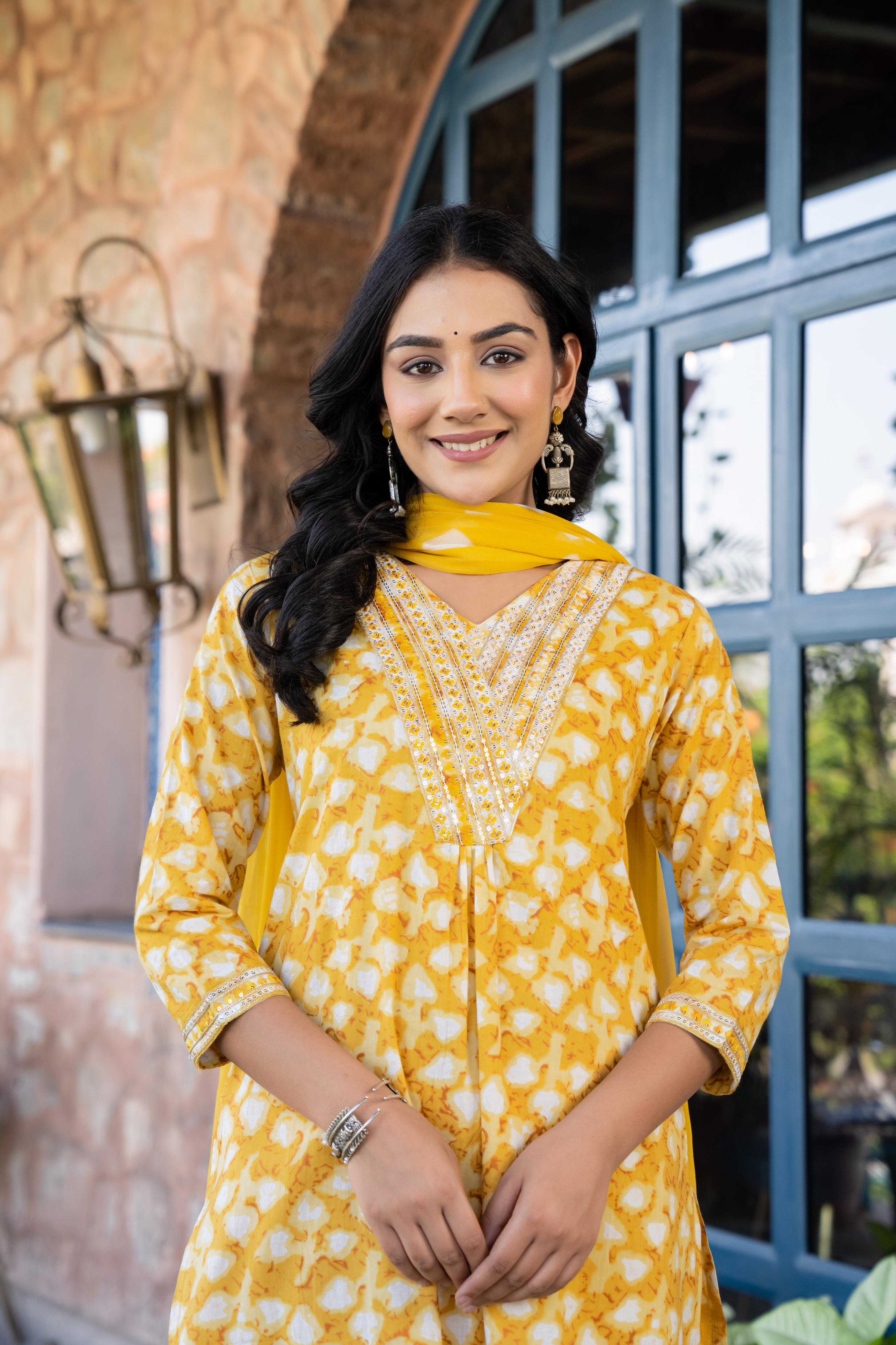 Ruhaya Women's Printed Cotton Kurta Set with Dupatta | Heavy Embroidery | Yellow Patiala Style