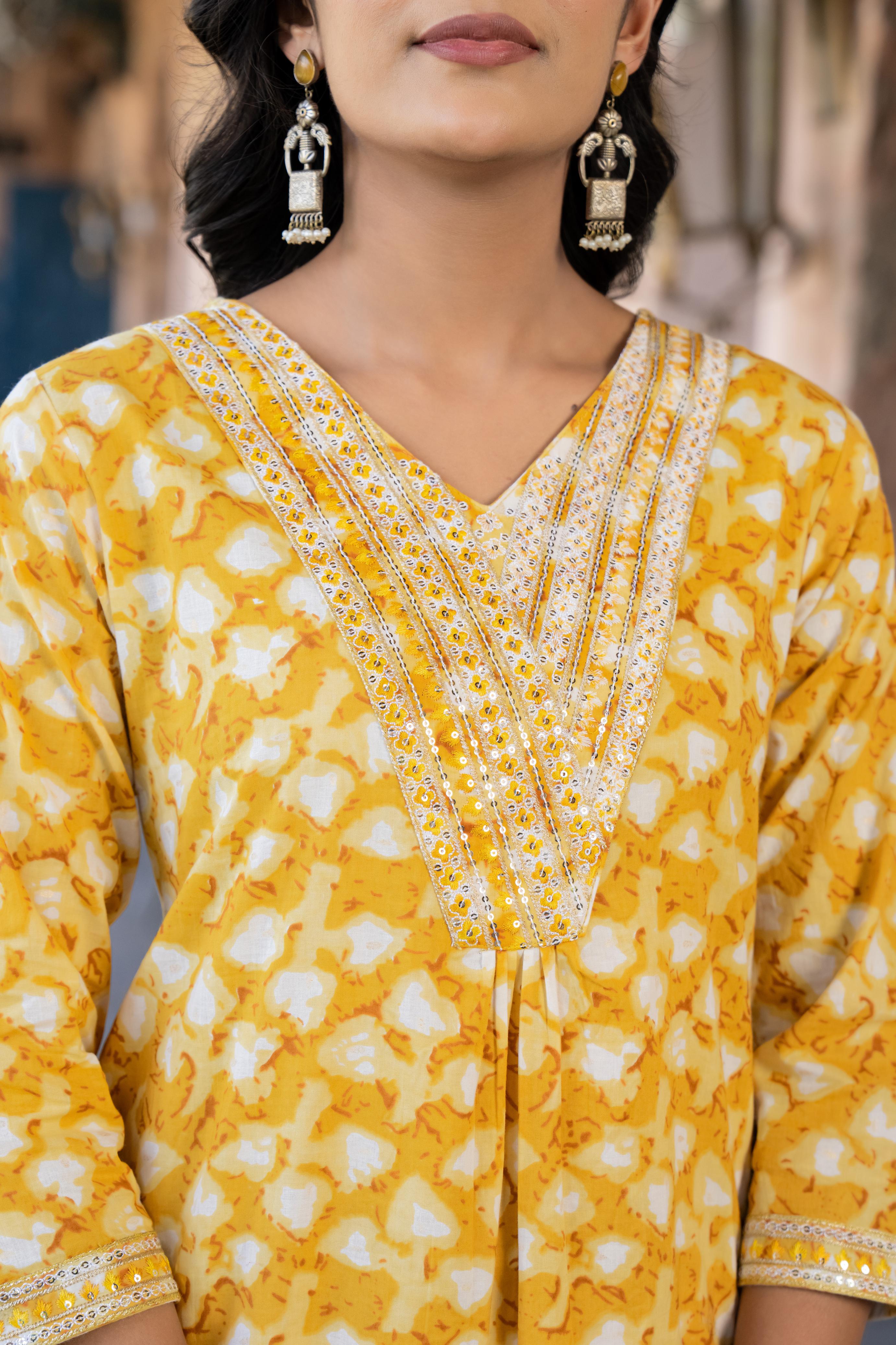 Ruhaya Women's Printed Cotton Kurta Set with Dupatta | Heavy Embroidery | Yellow Patiala Style