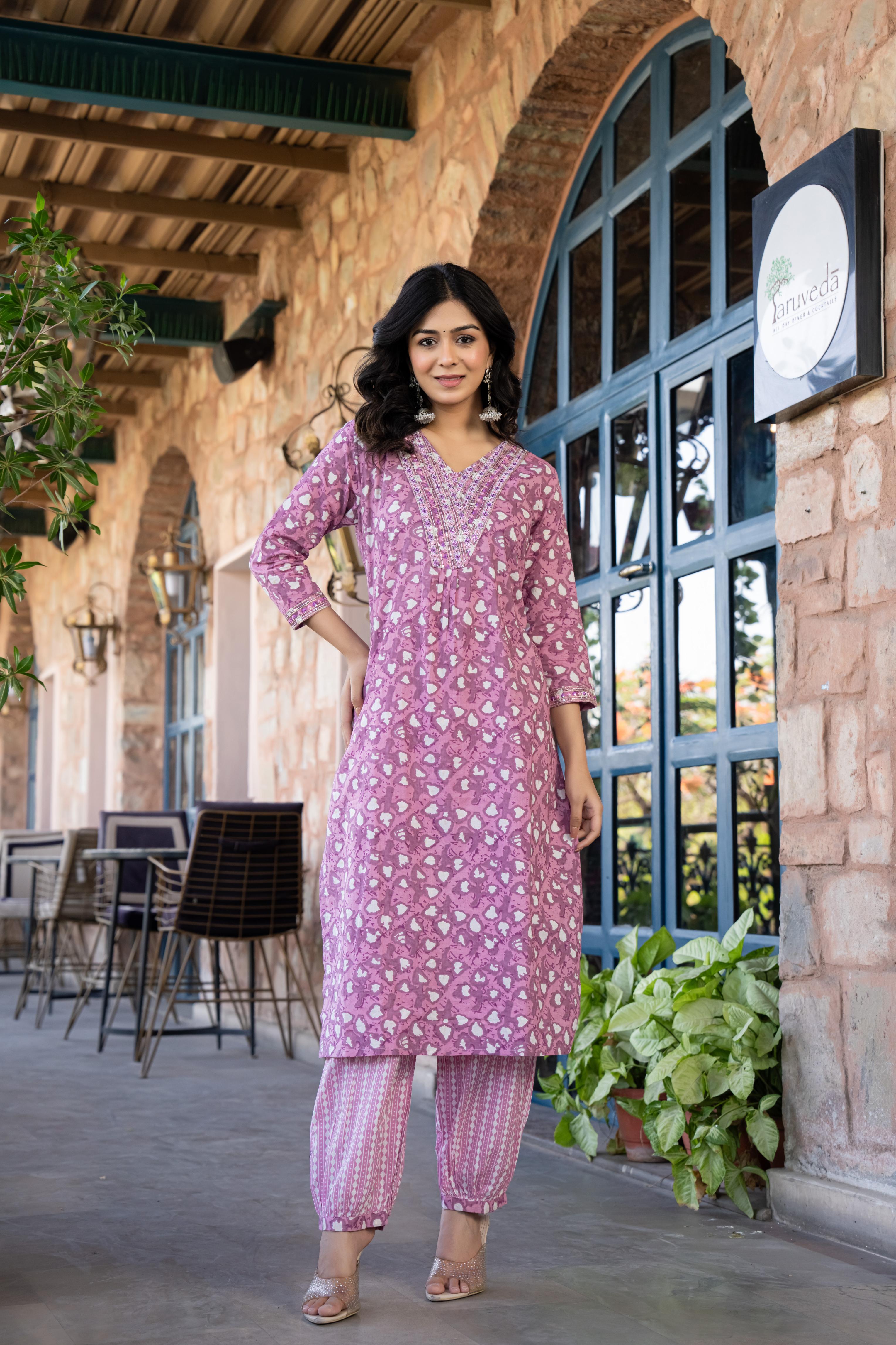 Ruhaya Women's Printed Cotton Kurta Set with Dupatta | Heavy Embroidery | Purple Patiala Style