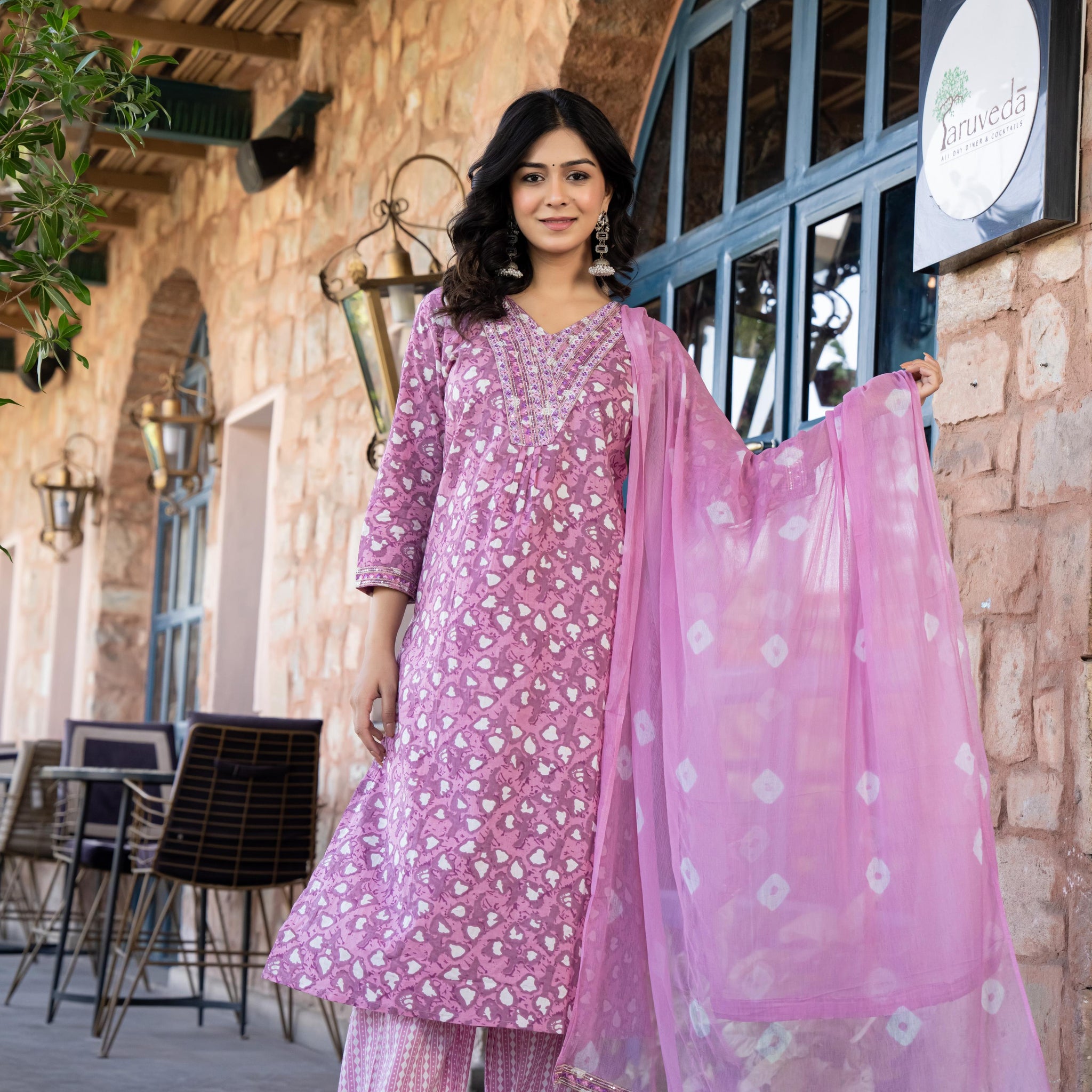 Ruhaya Women's Printed Cotton Kurta Set with Dupatta | Heavy Embroidery | Purple Patiala Style