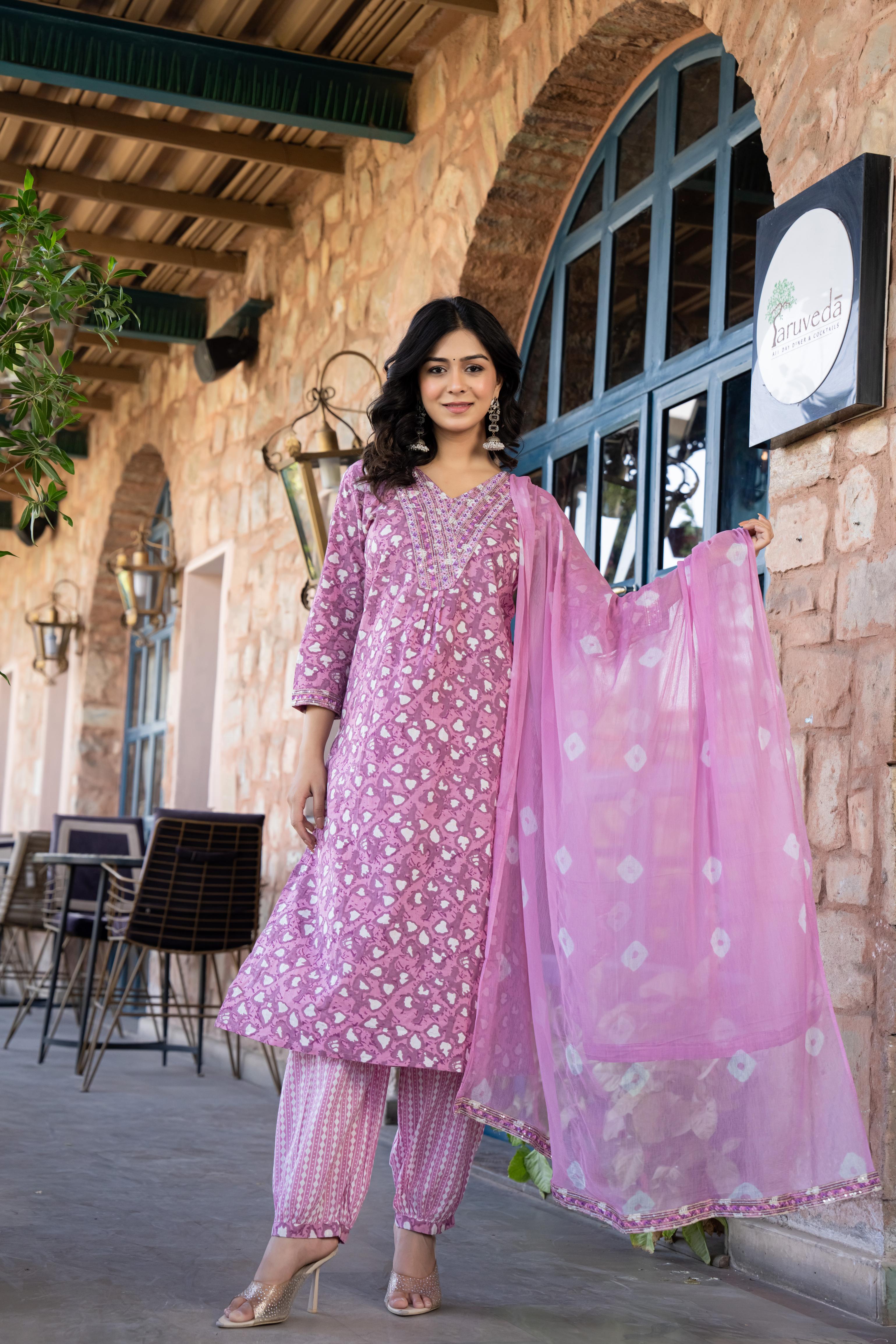 Ruhaya Women's Printed Cotton Kurta Set with Dupatta | Heavy Embroidery | Purple Patiala Style