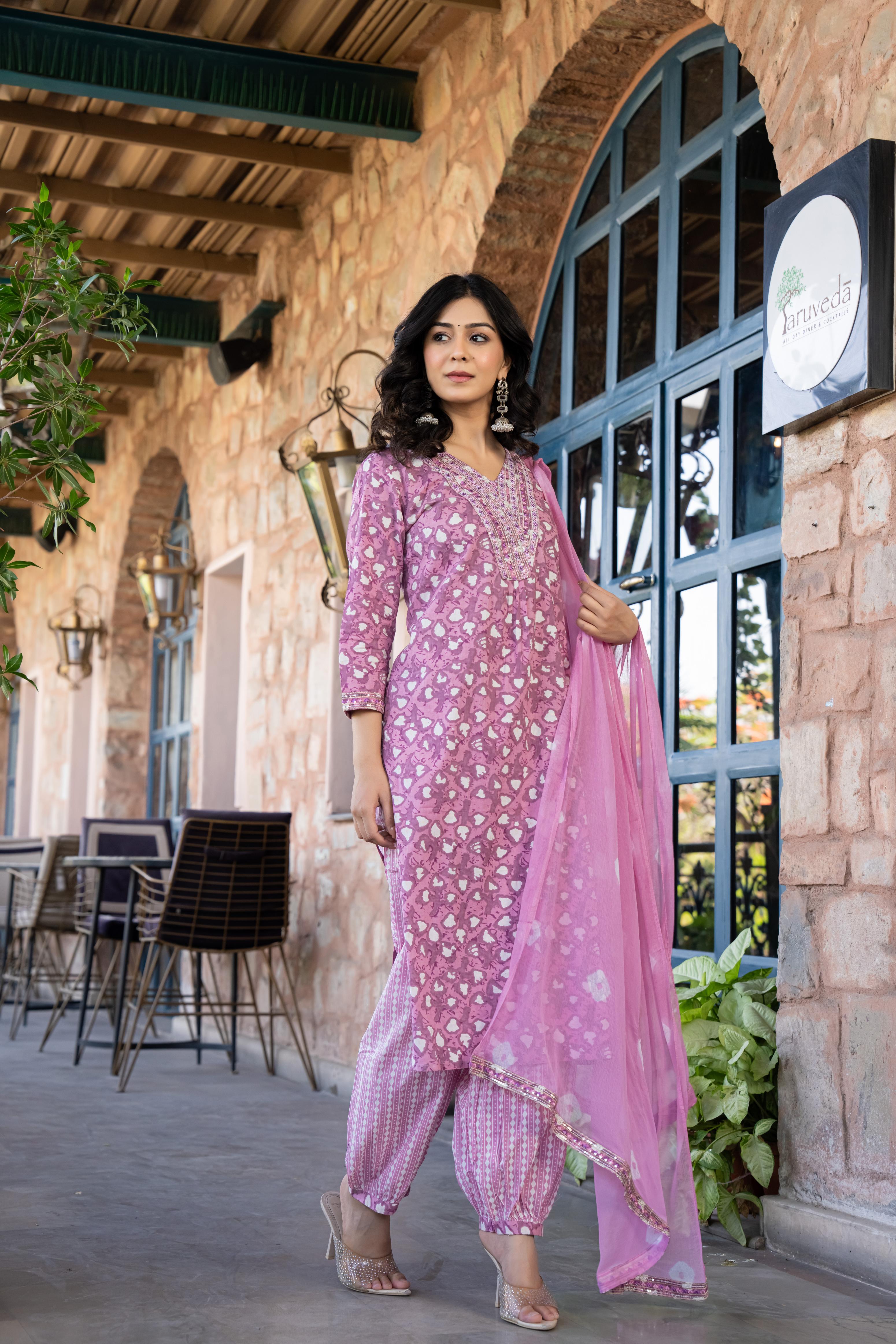 Ruhaya Women's Printed Cotton Kurta Set with Dupatta | Heavy Embroidery | Purple Patiala Style
