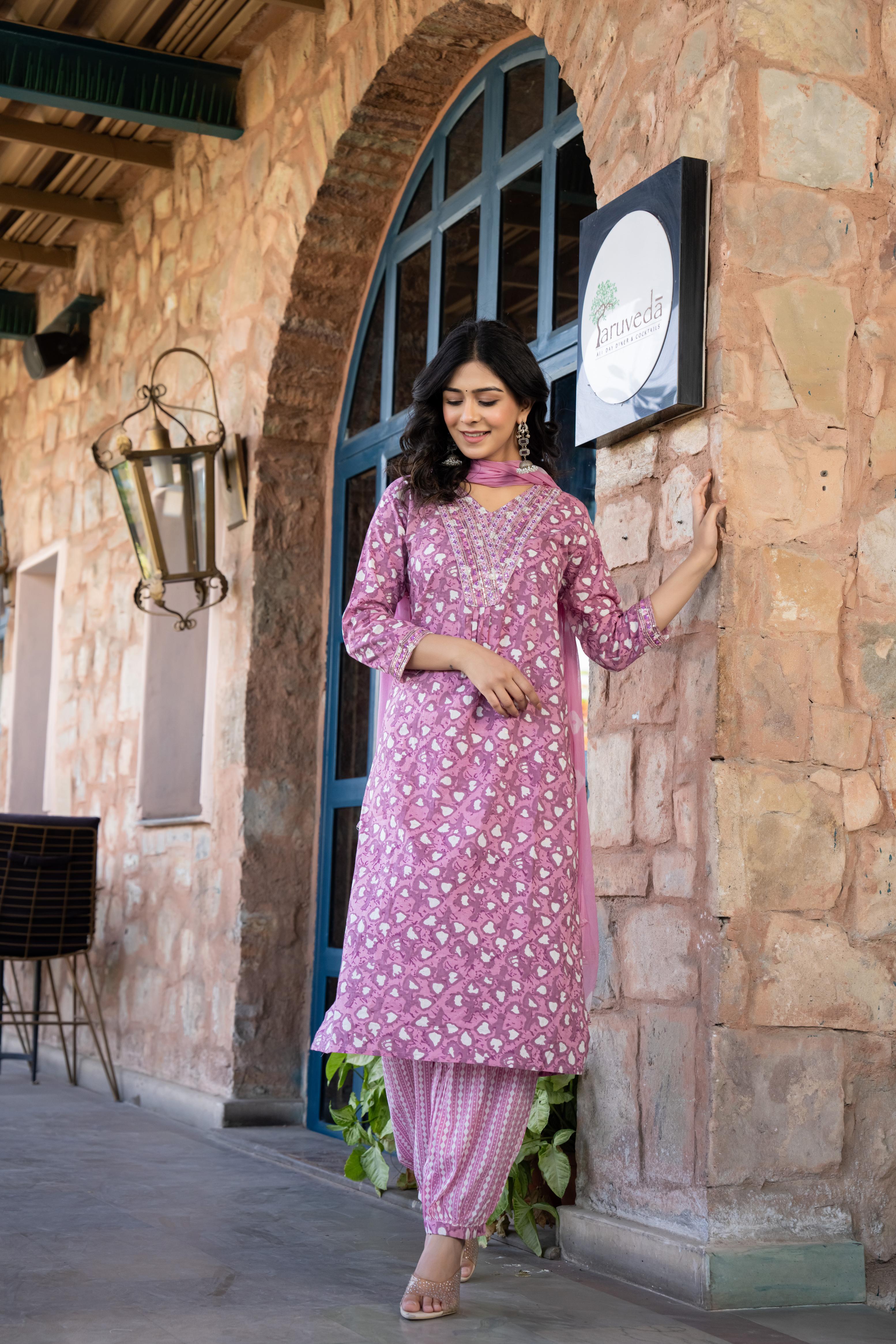 Ruhaya Women's Printed Cotton Kurta Set with Dupatta | Heavy Embroidery | Purple Patiala Style