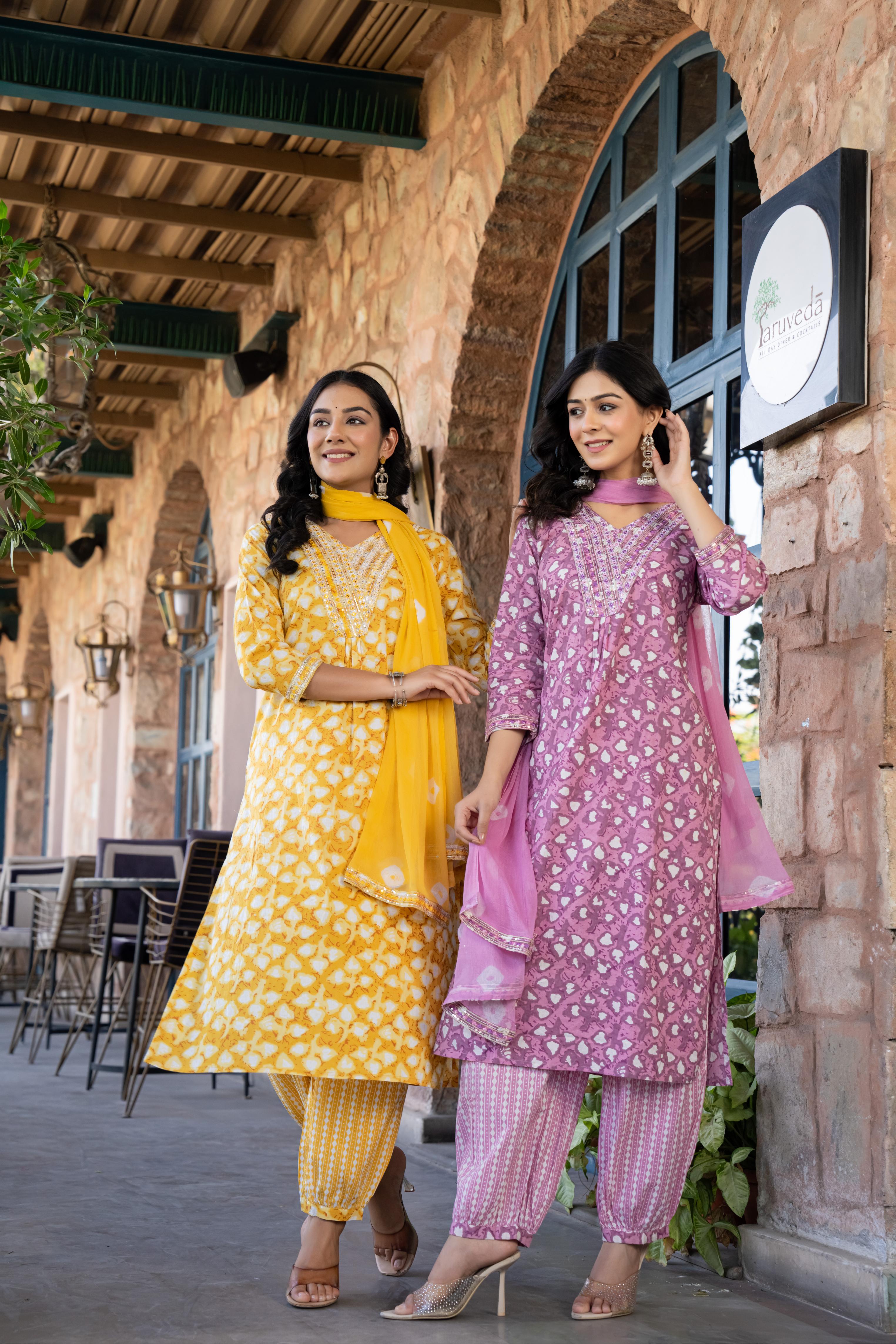 Ruhaya Women's Printed Cotton Kurta Set with Dupatta | Heavy Embroidery | Purple Patiala Style