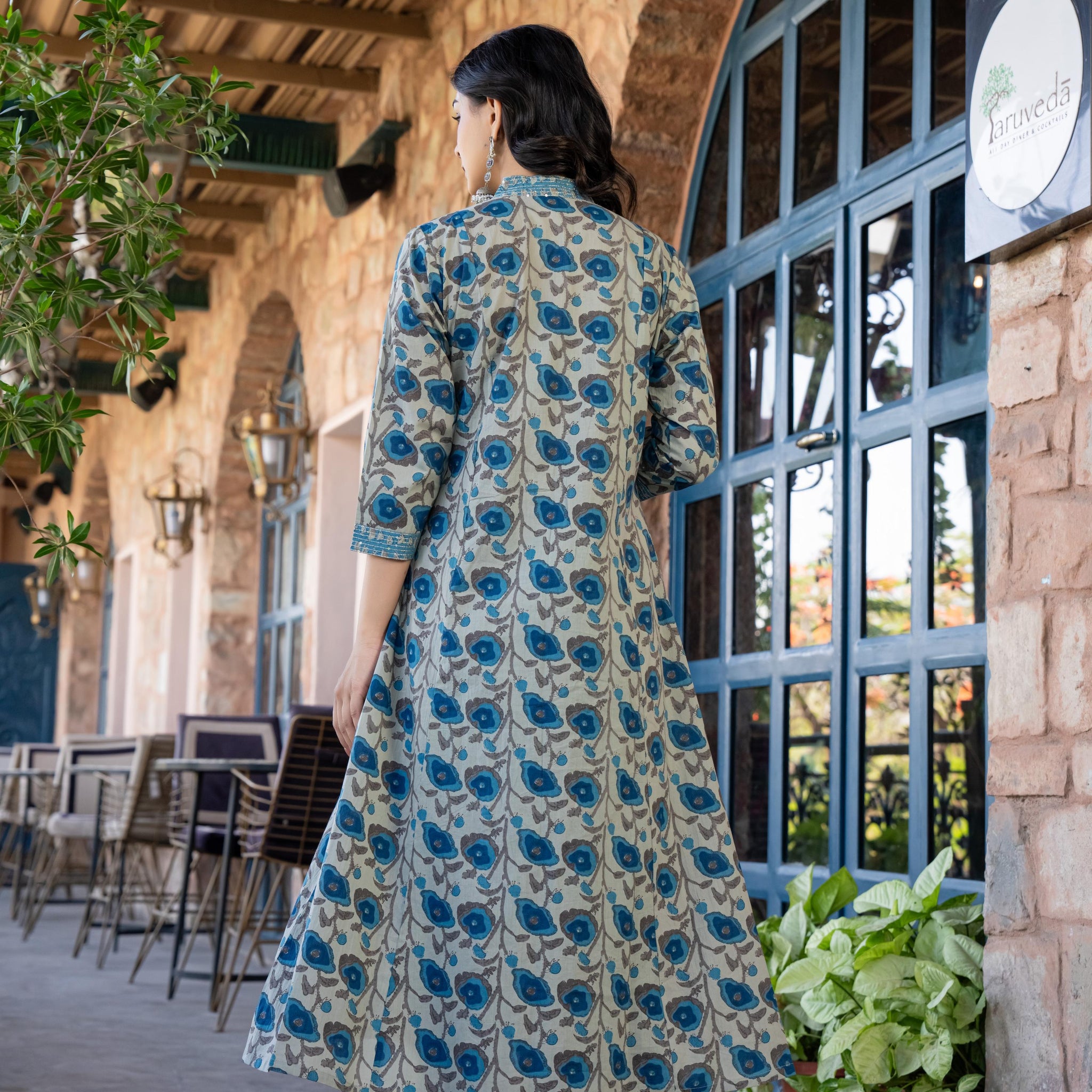 Tavira Women's Floral Cotton Kurta Set with Dupatta | Blue Bloom Print | Thread Work Neckline