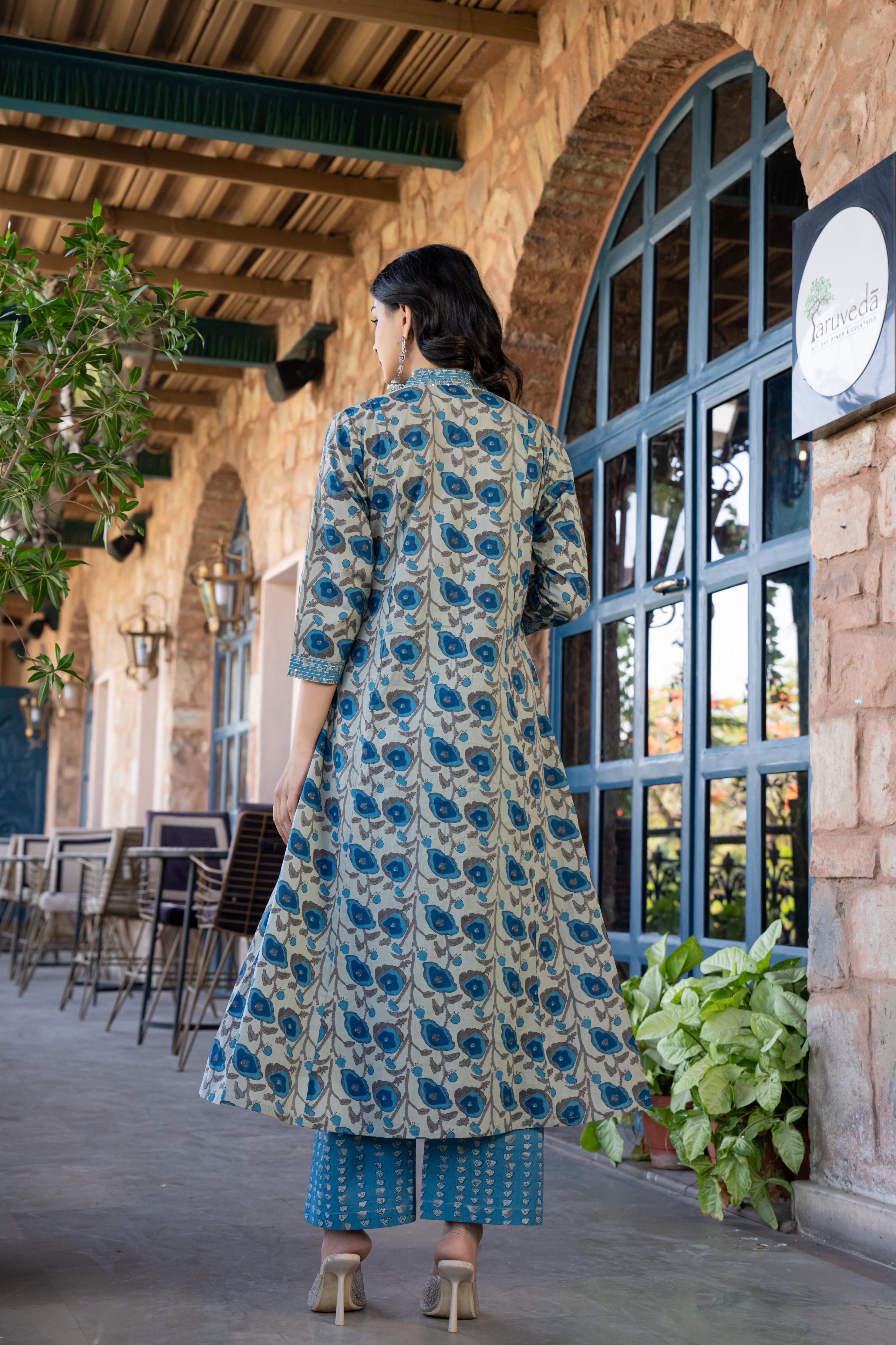 Tavira Women's Floral Cotton Kurta Set with Dupatta | Blue Bloom Print | Thread Work Neckline