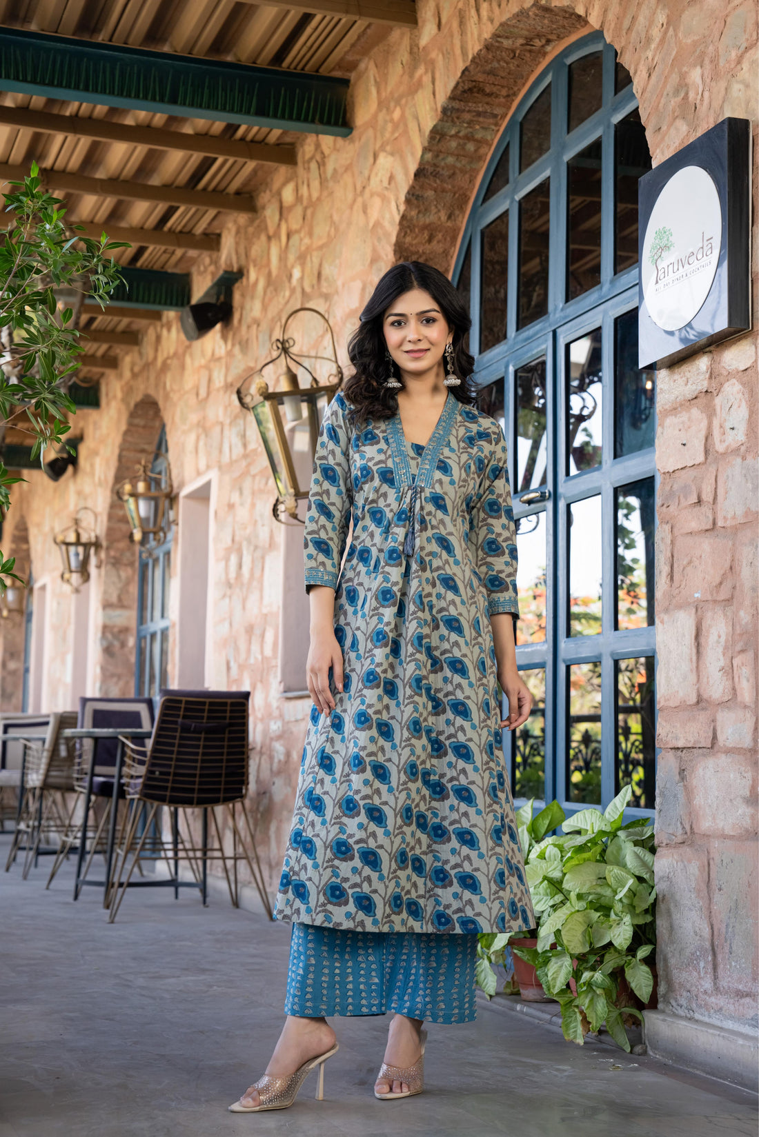 Tavira Women's Floral Cotton Kurta Set with Dupatta | Blue Bloom Print | Thread Work Neckline