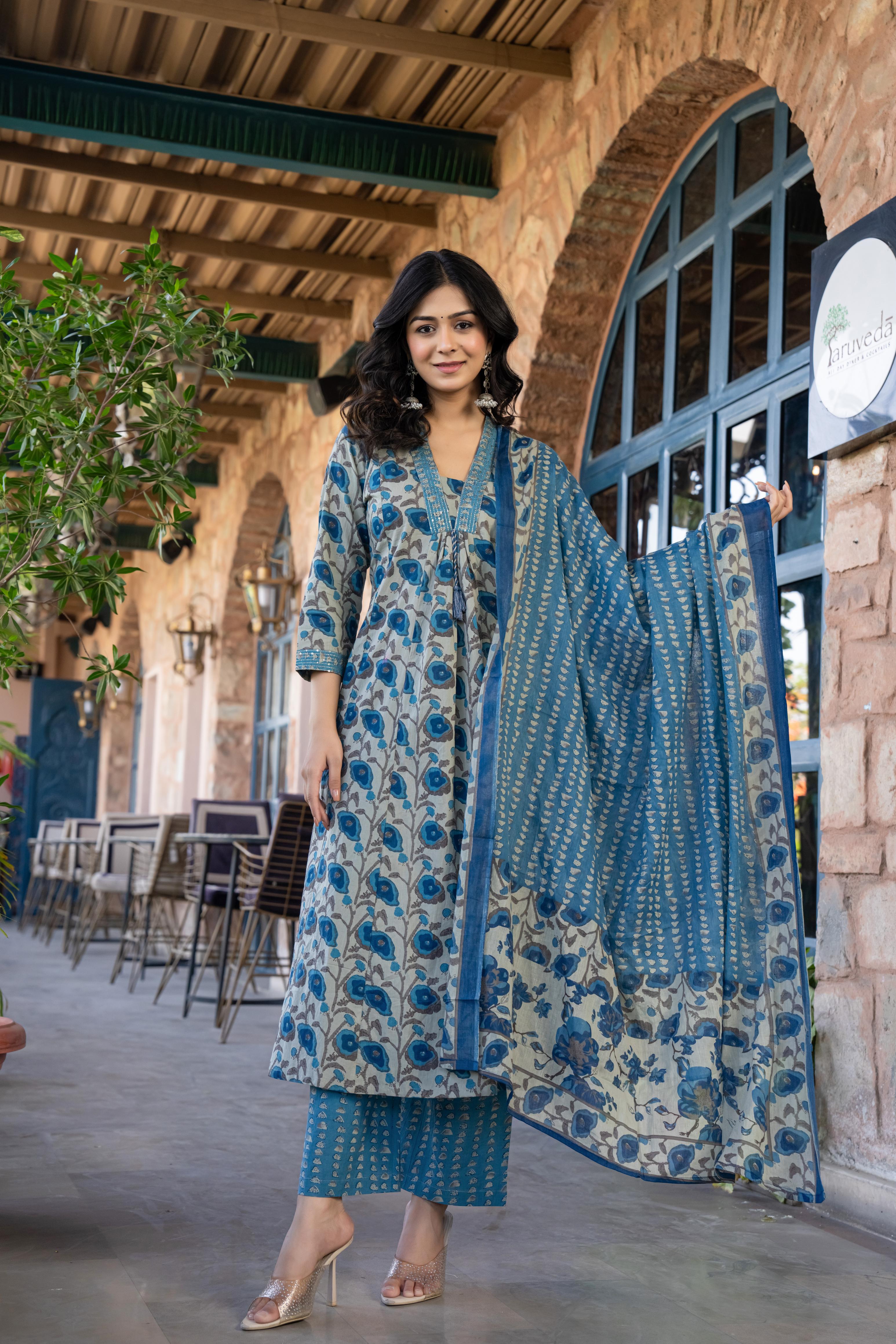 Tavira Women's Floral Cotton Kurta Set with Dupatta | Blue Bloom Print | Thread Work Neckline