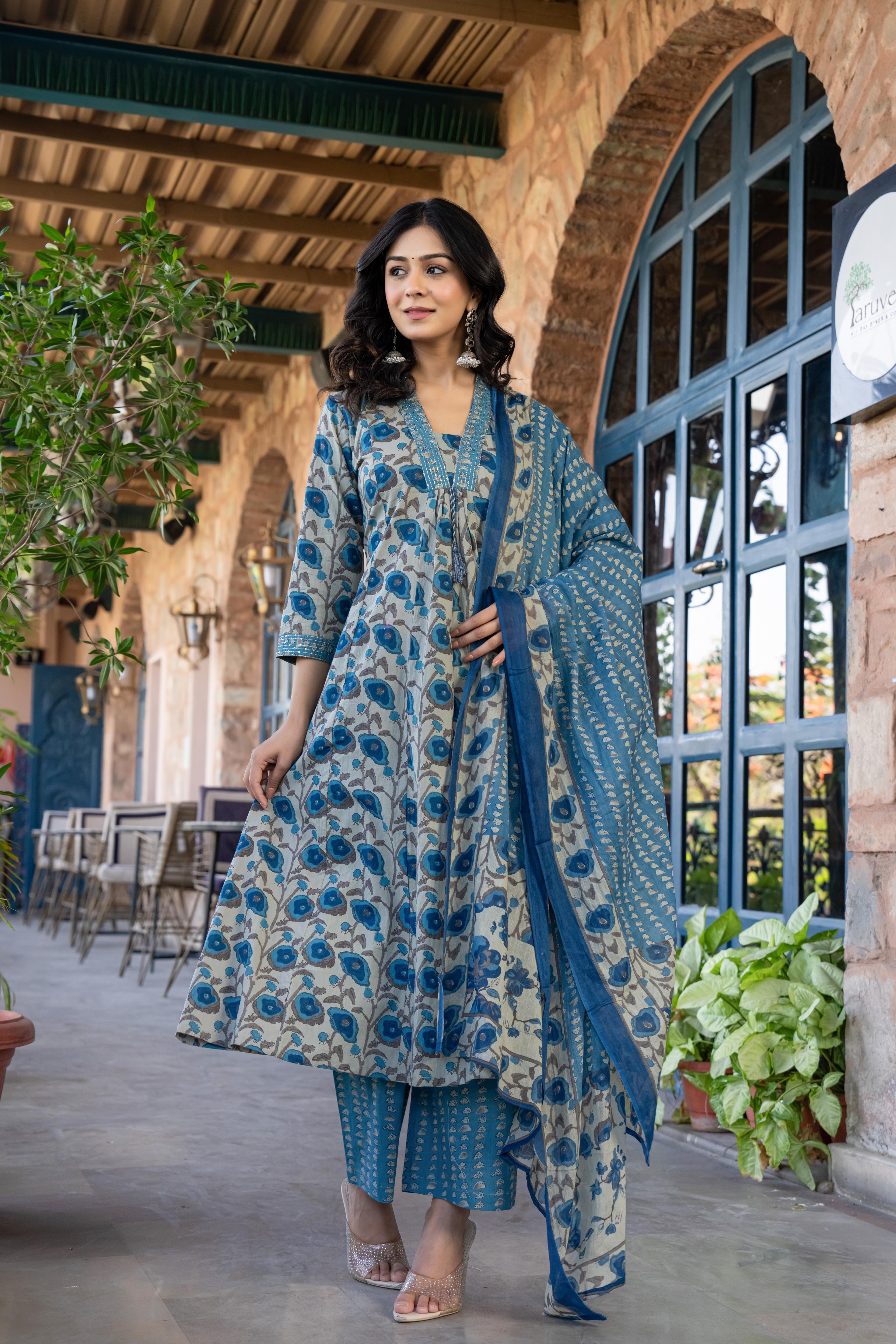 Tavira Women's Floral Cotton Kurta Set with Dupatta | Blue Bloom Print | Thread Work Neckline