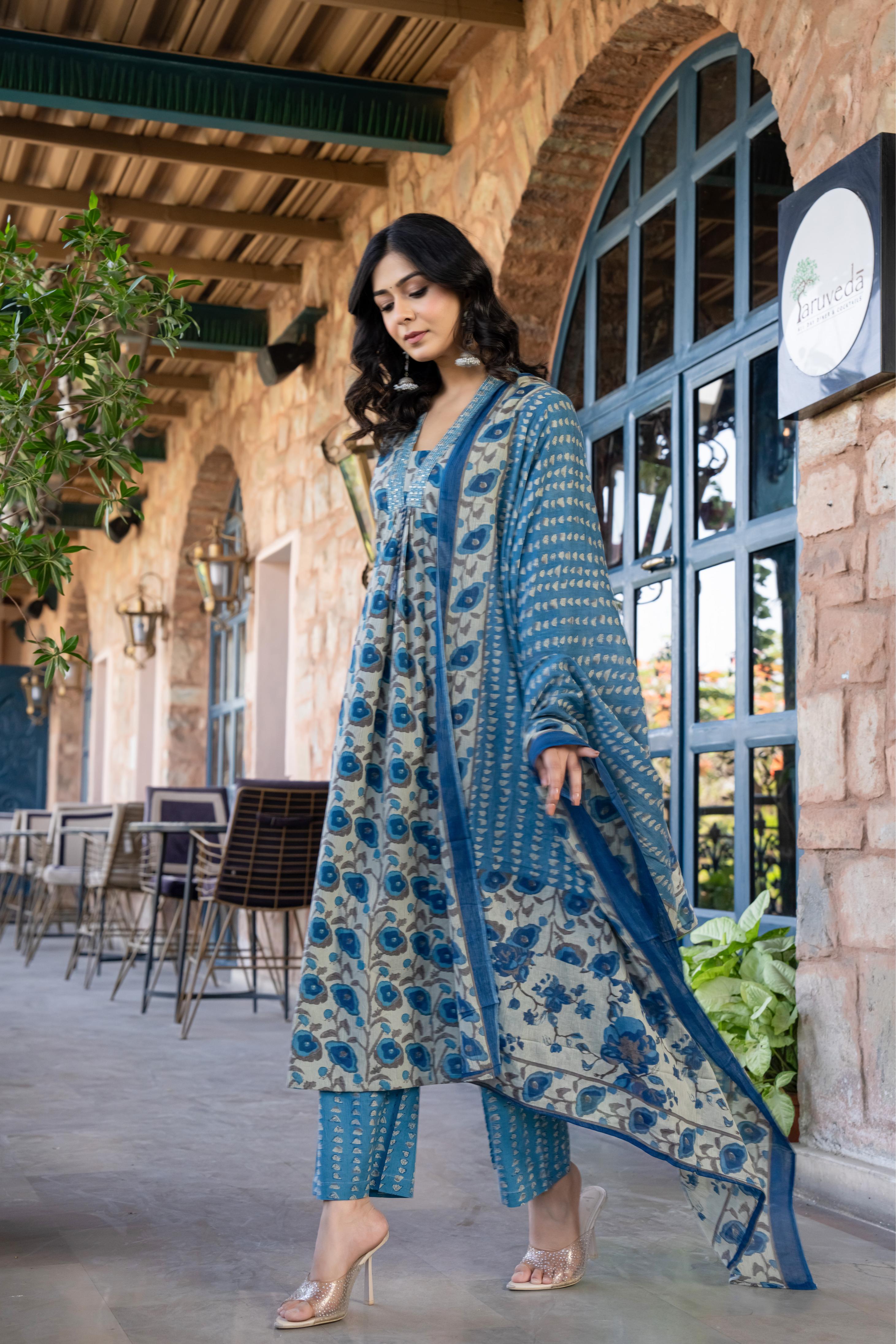 Tavira Women's Floral Cotton Kurta Set with Dupatta | Blue Bloom Print | Thread Work Neckline