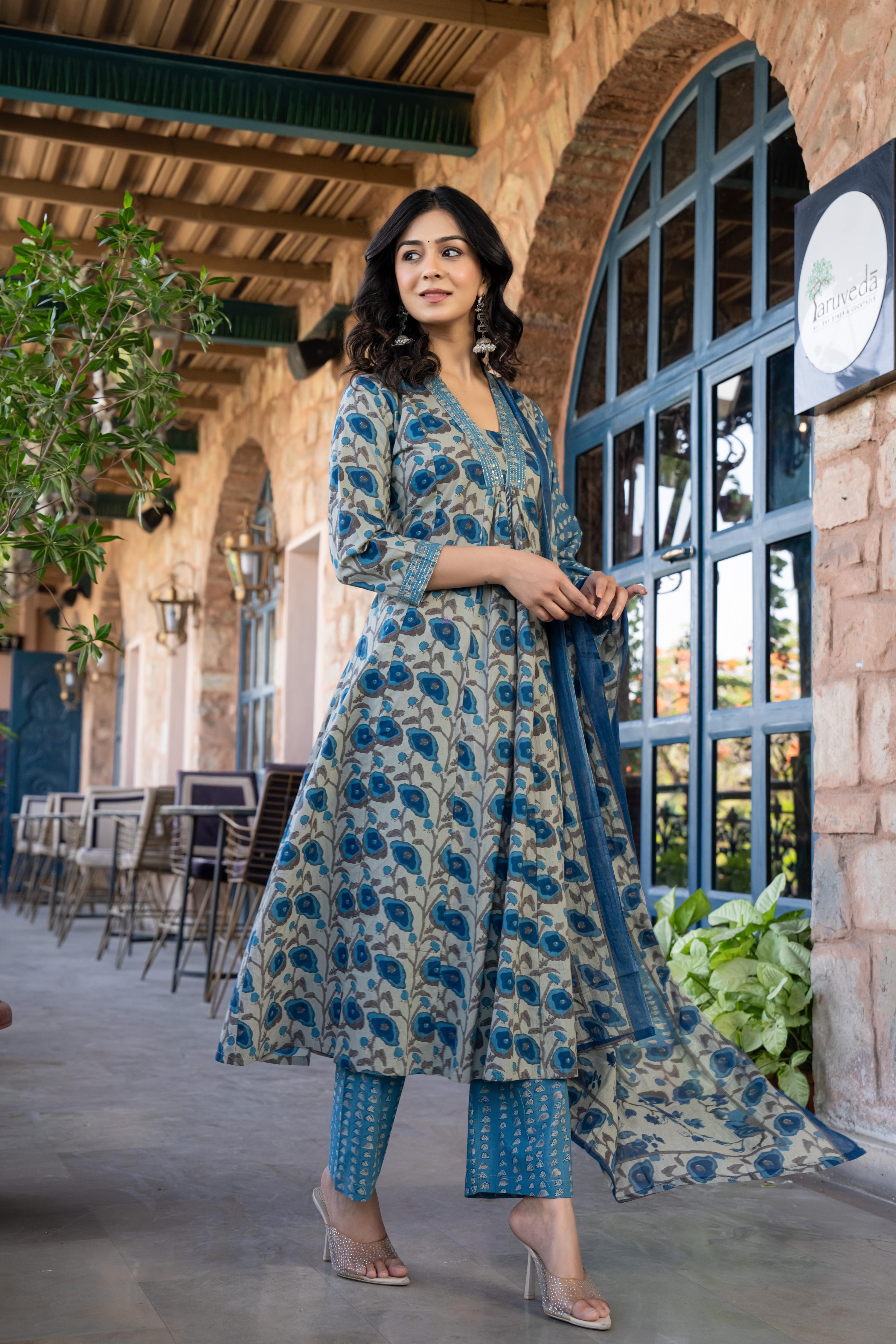 Tavira Women's Floral Cotton Kurta Set with Dupatta | Blue Bloom Print | Thread Work Neckline